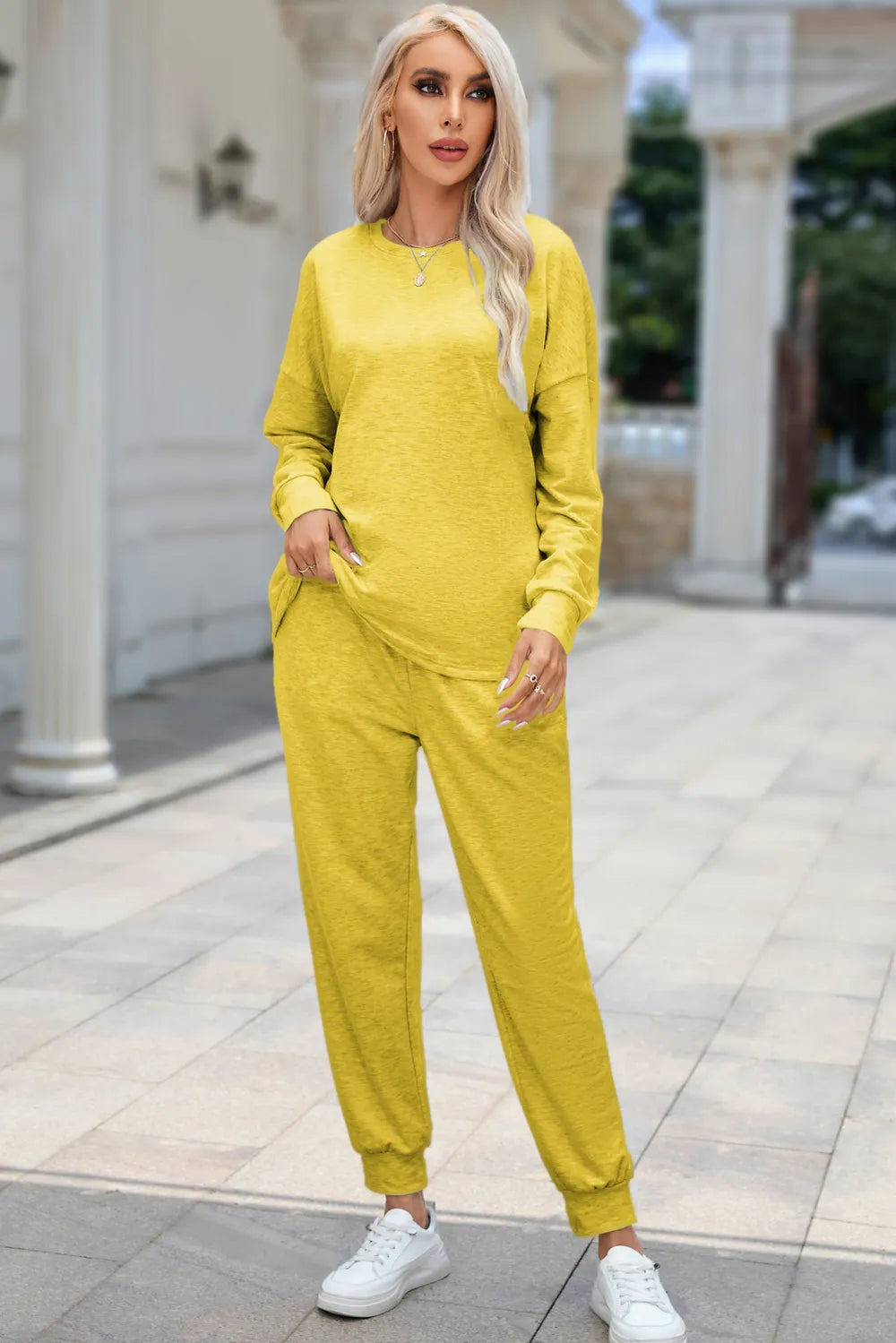 Round Neck Top and Drawstring Pants Lounge Set True Yellow Easy Apparels