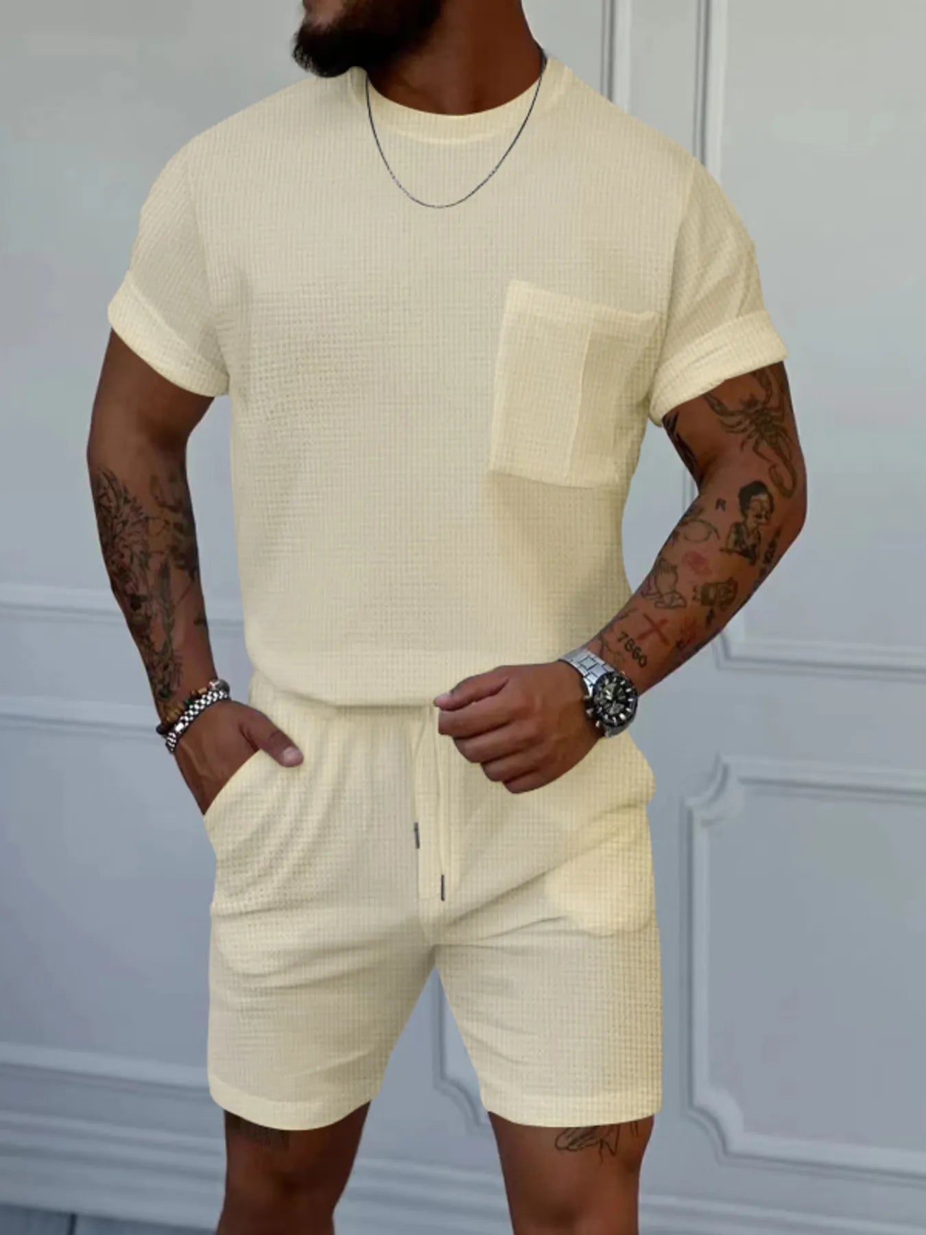 Men's Full Size Round Neck Short Sleeve Top and Shorts Set Plus Size Khaki Easy Apparels