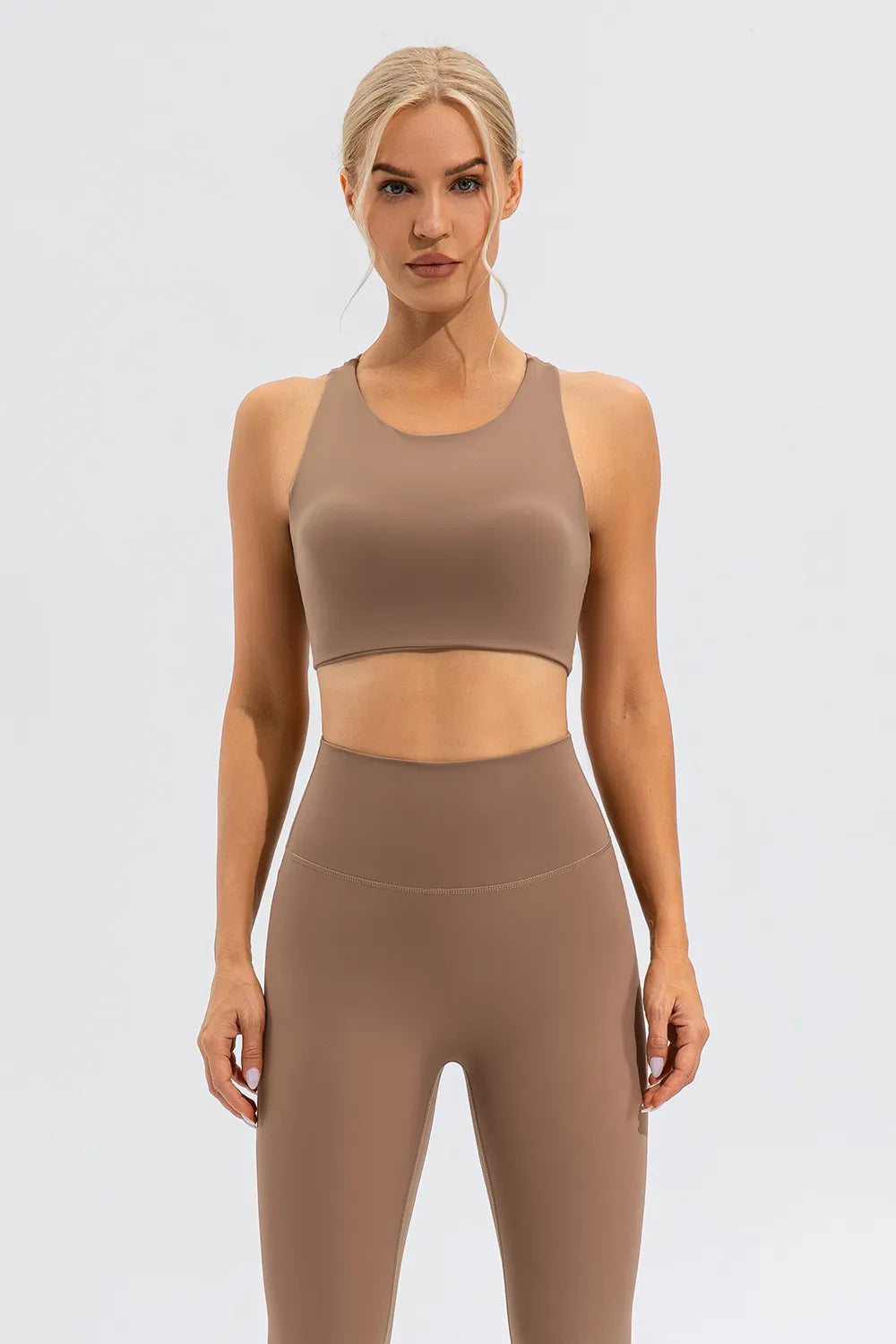 Round Neck Cutout Cropped Active Tank Camel Easy Apparels