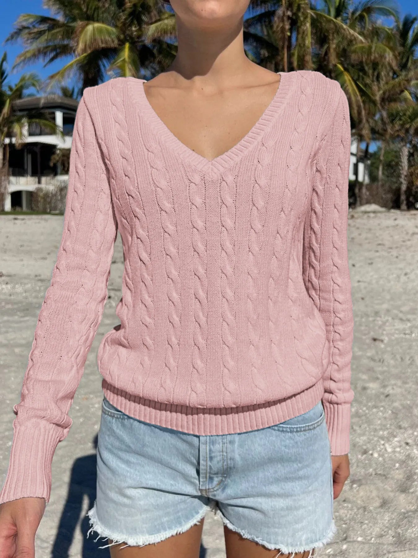 Trendsi Cable Knit V-Neck Sweater Pink