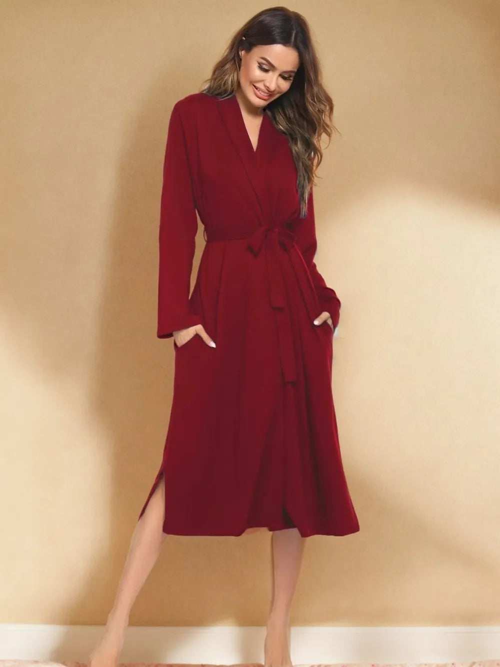 Tied Lounge Nightgown with Pockets Burgundy Easy Apparels