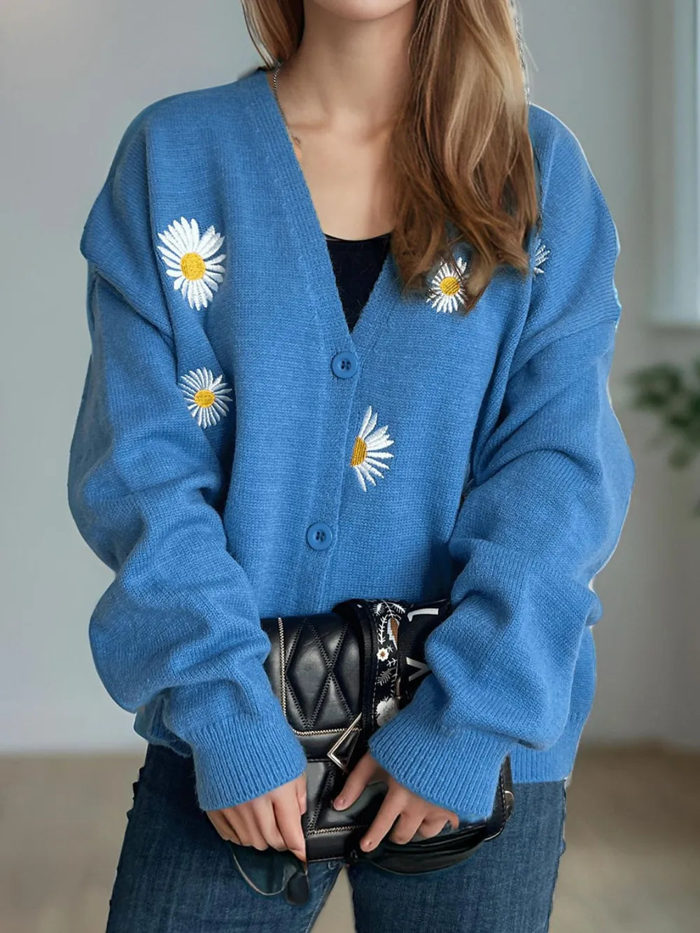 Daisy Button Up V-Neck Cardigan Easy Apparels
