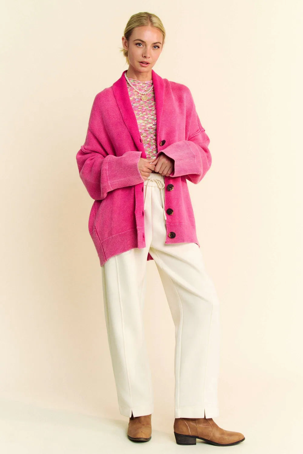 Davi & Dani Shawl Collar Ribbed Detail Button Up Cardigan Easy Apparels