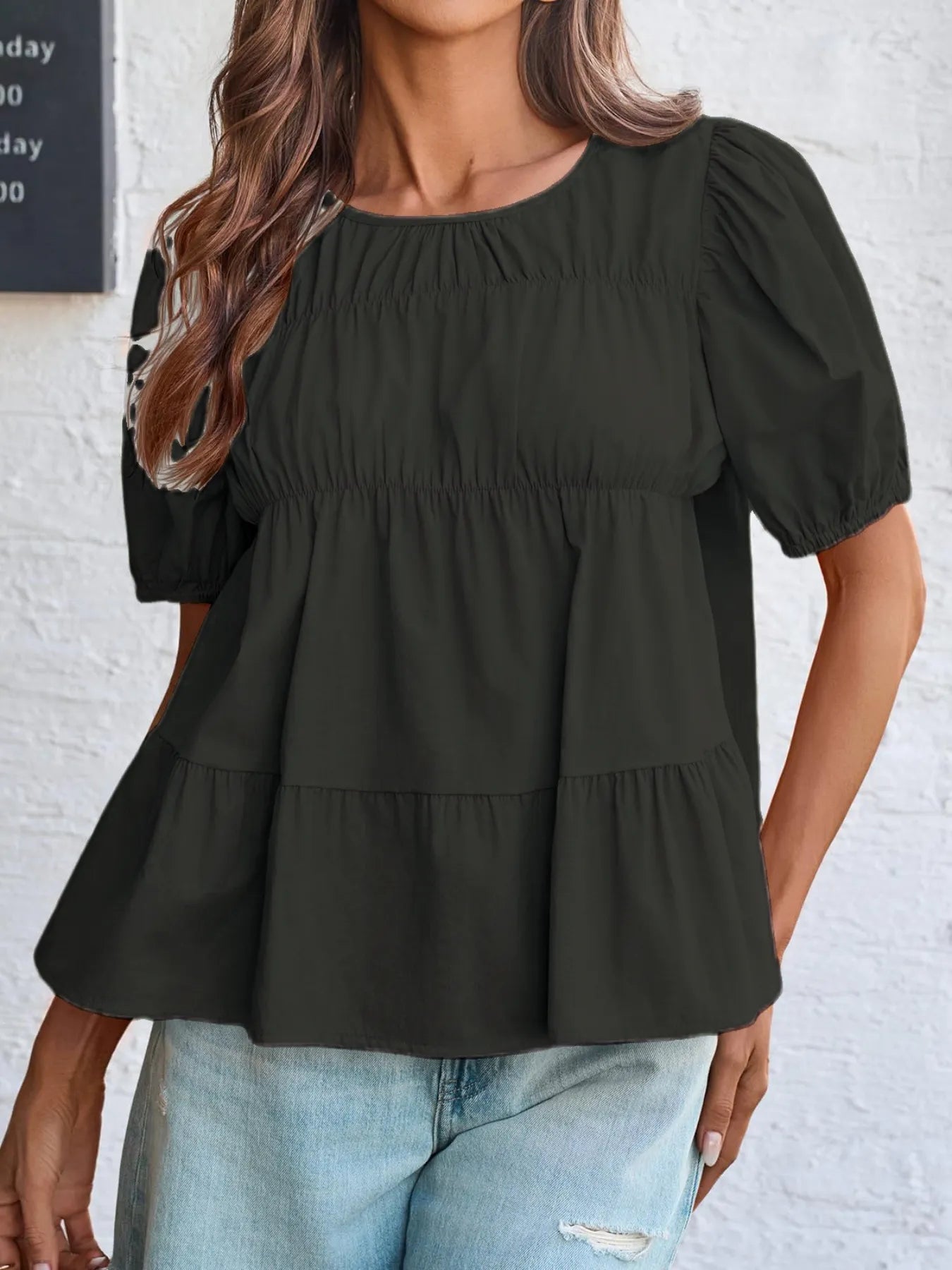 Trendsi Tiered Round Neck Puff Sleeve Ruched Blouse Black