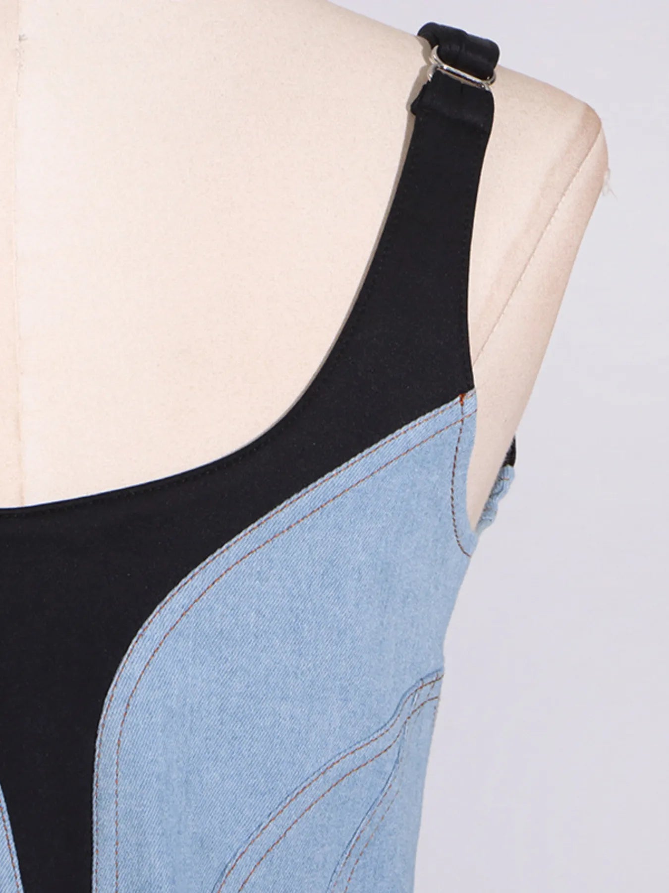 Contrast Adjustable Strap Denim Dress Easy Apparels