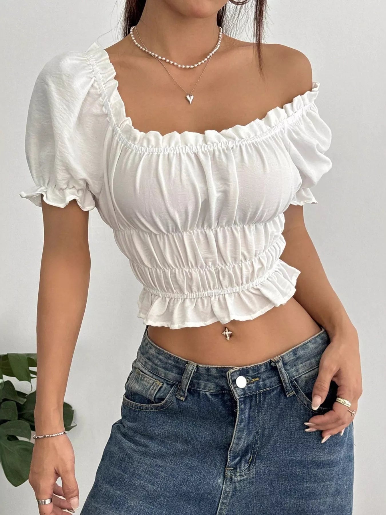 Frill Ruffled Hem Puff Sleeve Crop Blouse Easy Apparels