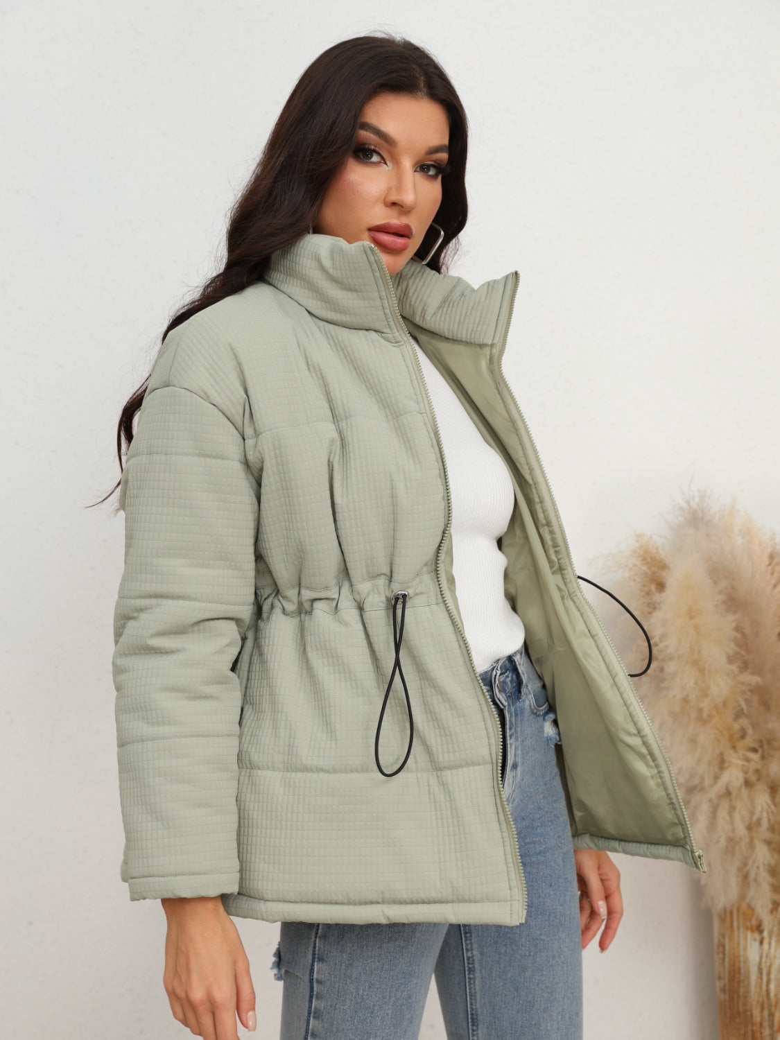 Drawstring Waist Zip-Up Puffer Jacket Easy Apparels
