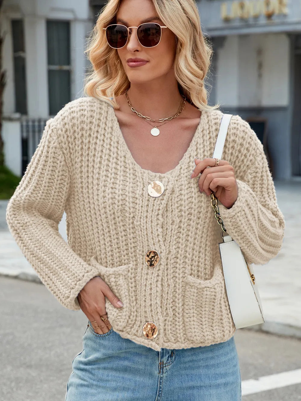 Round Neck Button Up Cardigan with Pockets Beige Easy Apparels