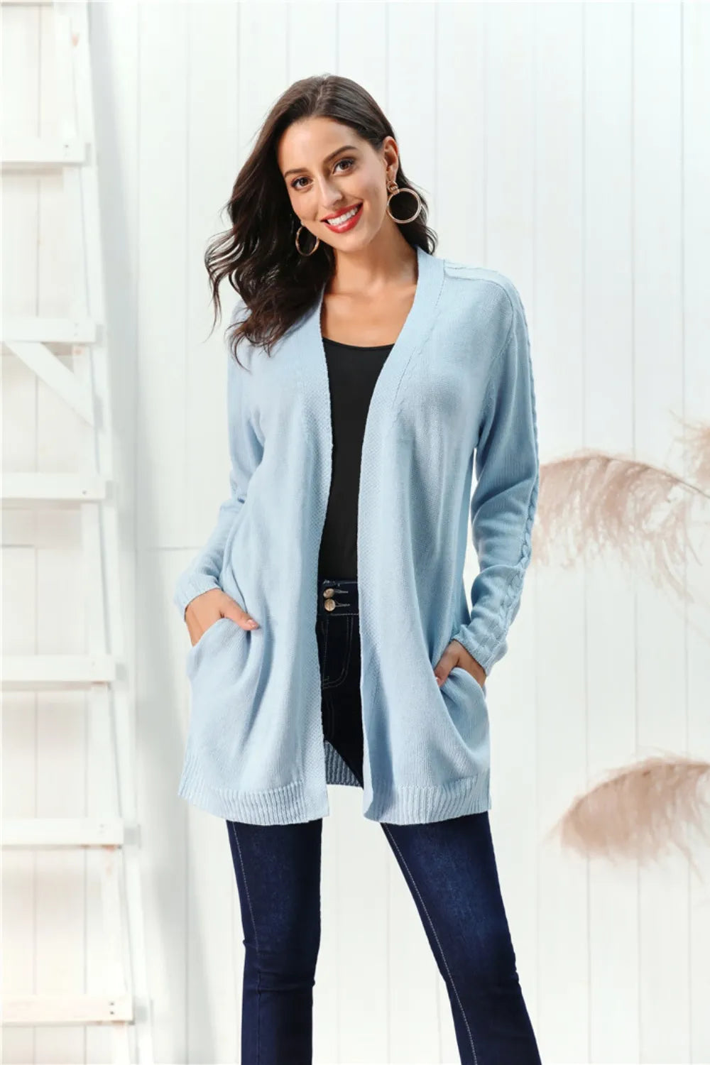 Cable-Knit Open Front Long Sleeve Cardigan Easy Apparels