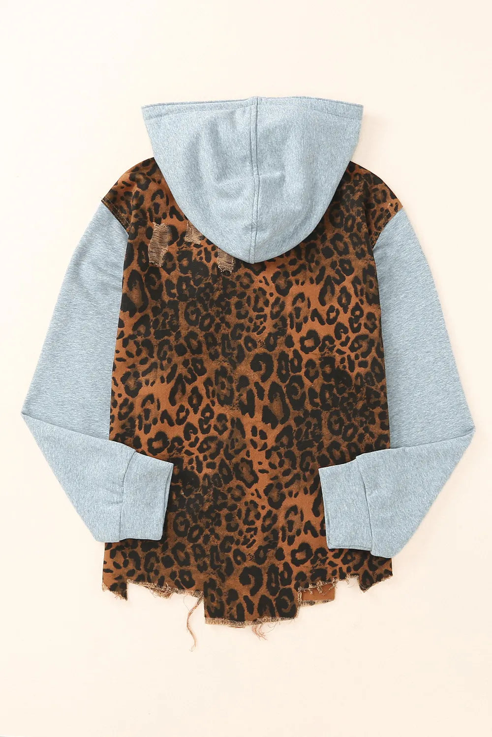 Leopard Distressed Drawstring Hooded Denim Jacket Easy Apparels