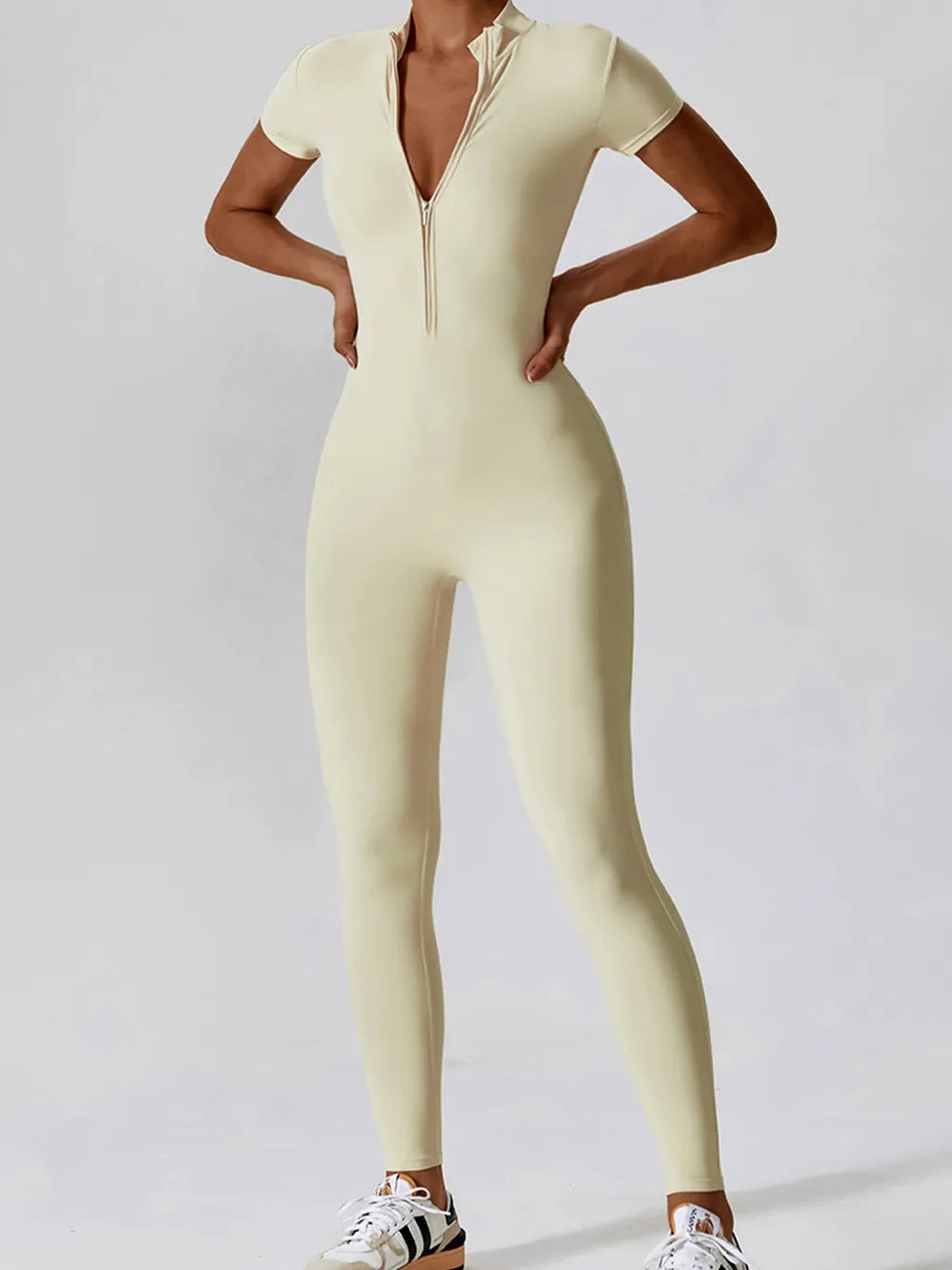 Basic Bae Half Zip Short Sleeve Active Jumpsuit Easy Apparels