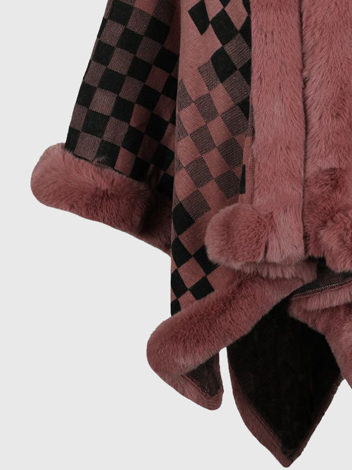 Checkered Faux Fur Trim Poncho Easy Apparels
