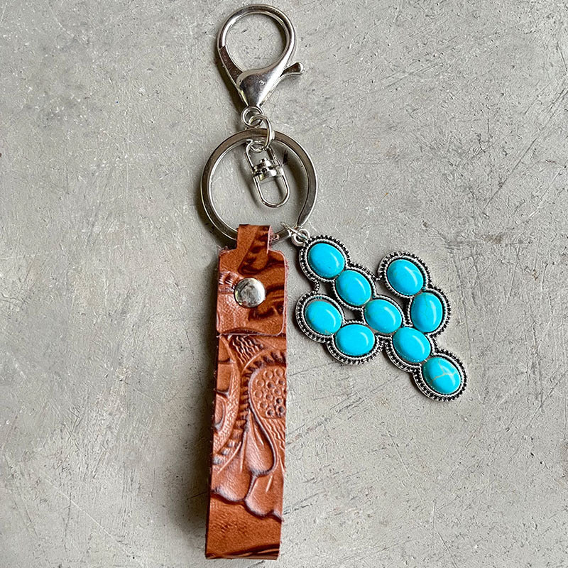 Turquoise Genuine Leather Key Chain Style E One Size Easy Apparels