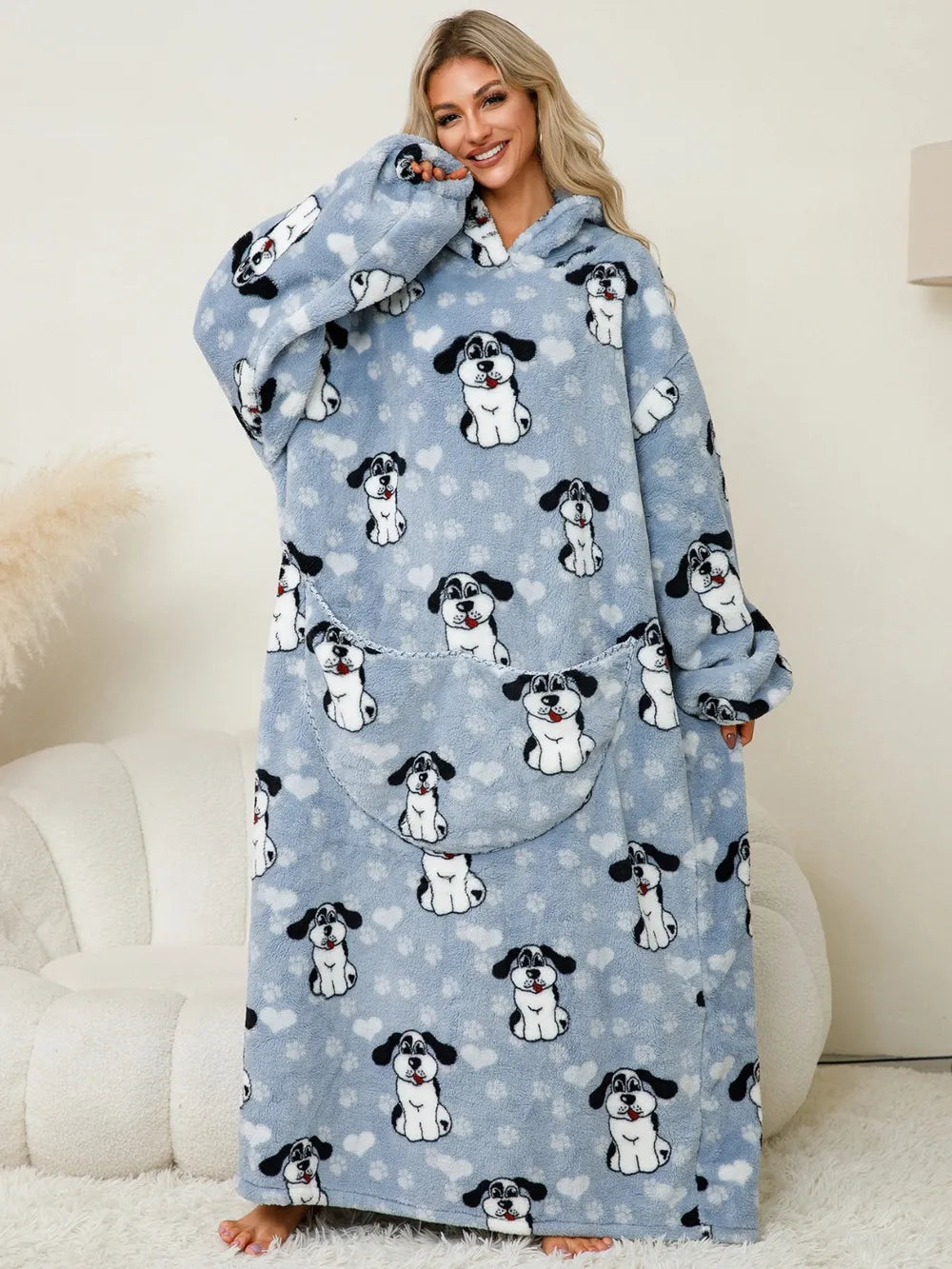 Fuzzy Pocketed Long Sleeve Hooded Lounge Dress Easy Apparels
