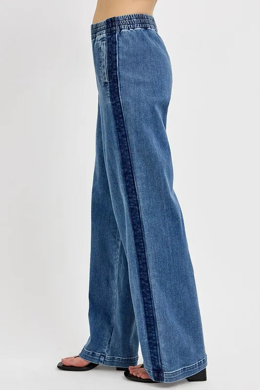 RISEN Full Size Elastic Waist Wide Leg Jeans Plus Size Easy Apparels