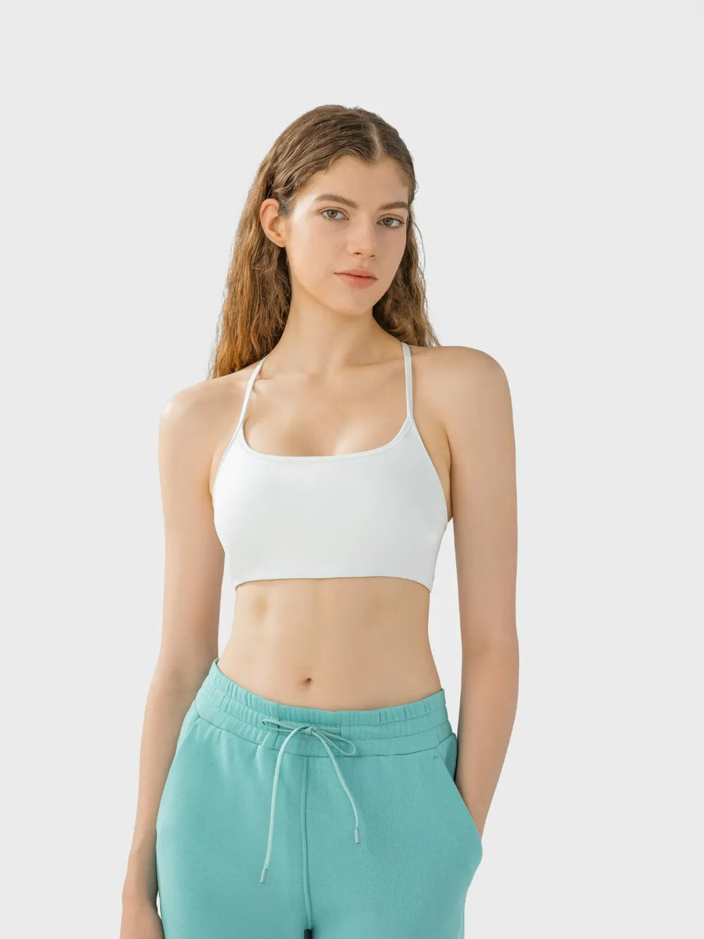 Millennia Crisscross Back Scoop Neck Active Cami with Detachable Chest Pads White Easy Apparels