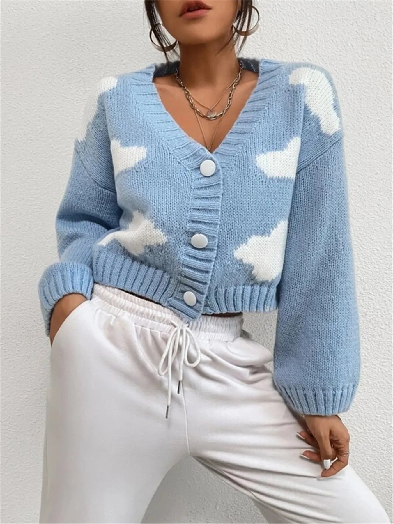 Contrast Cloud Pattern Cropped Button-Up Cardigan Easy Apparels