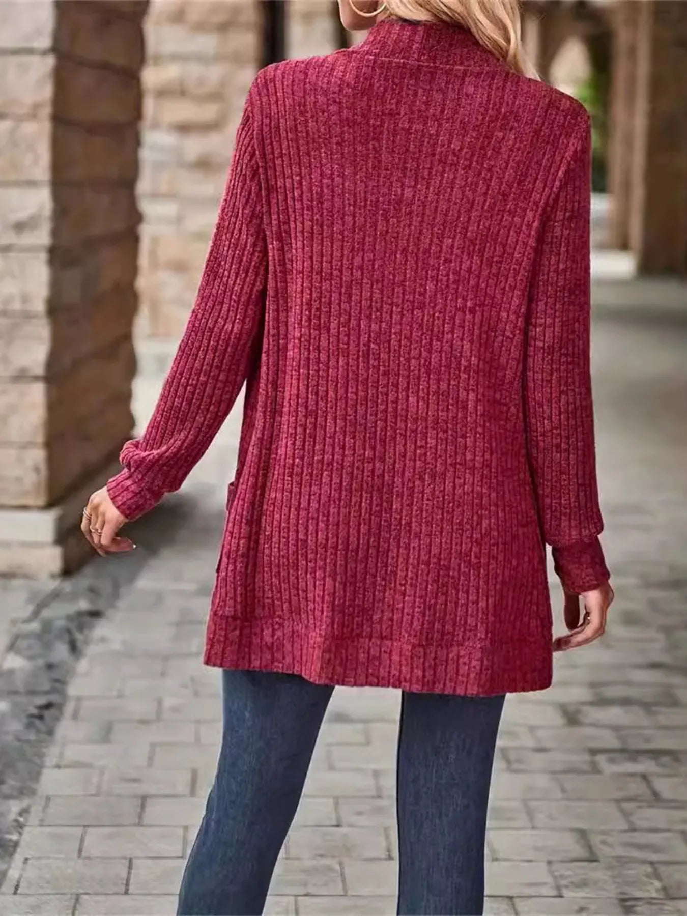 Ribbed Open Front Long Cardigan with Pockets Easy Apparels