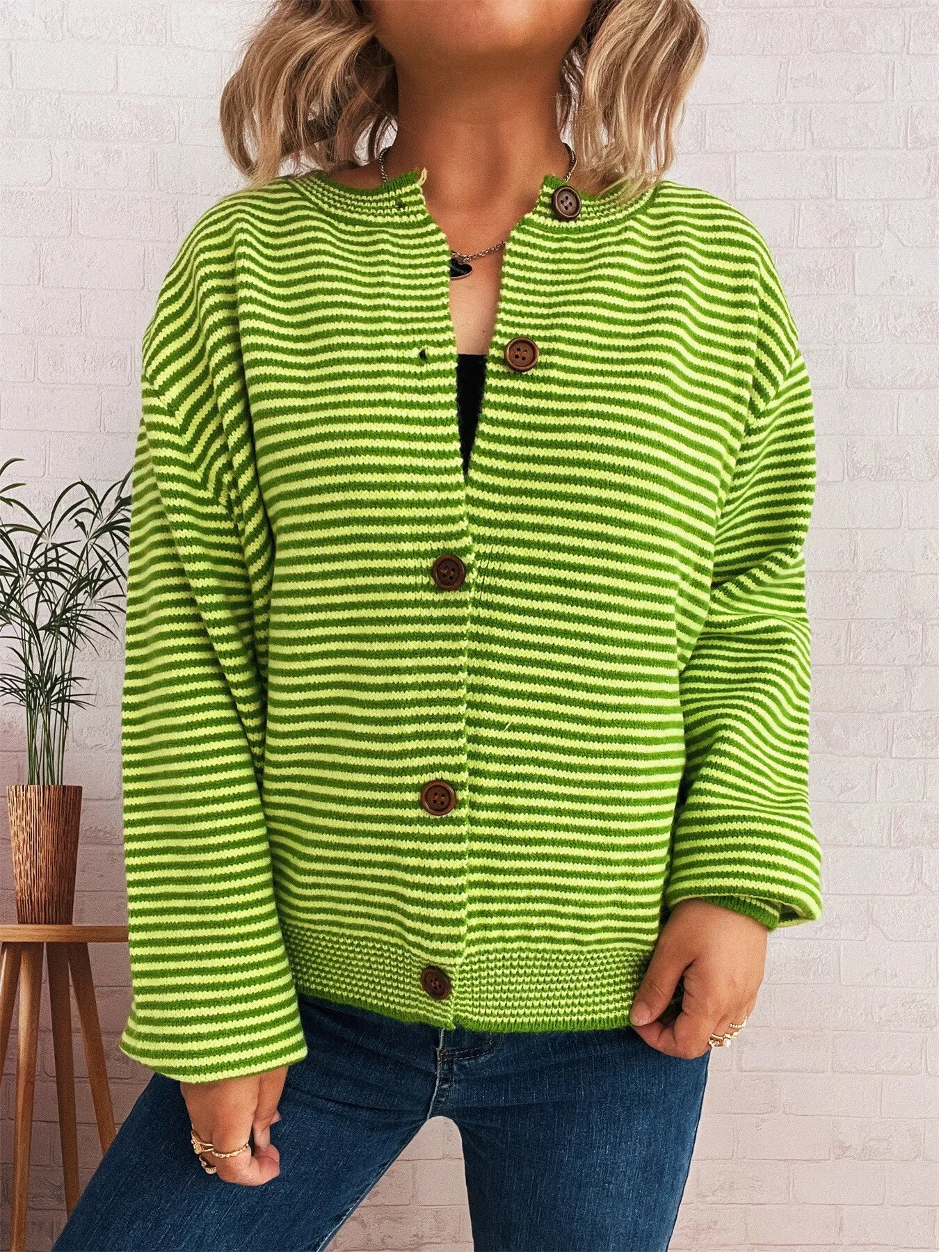 Striped Button Up Long Sleeve Cardigan Easy Apparels