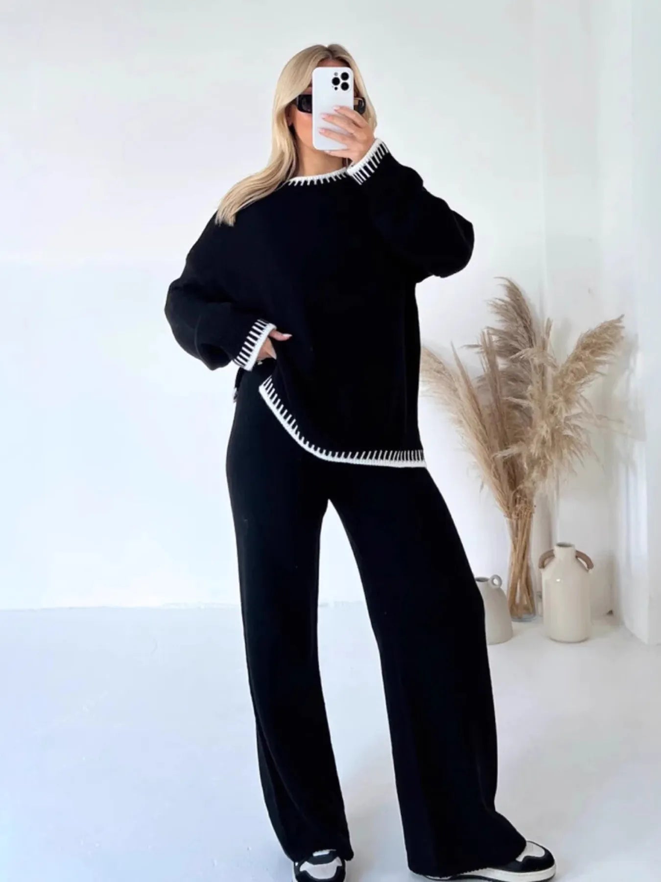Contrast Trim Round Neck Top and Pants Sweater Set Black Easy Apparels