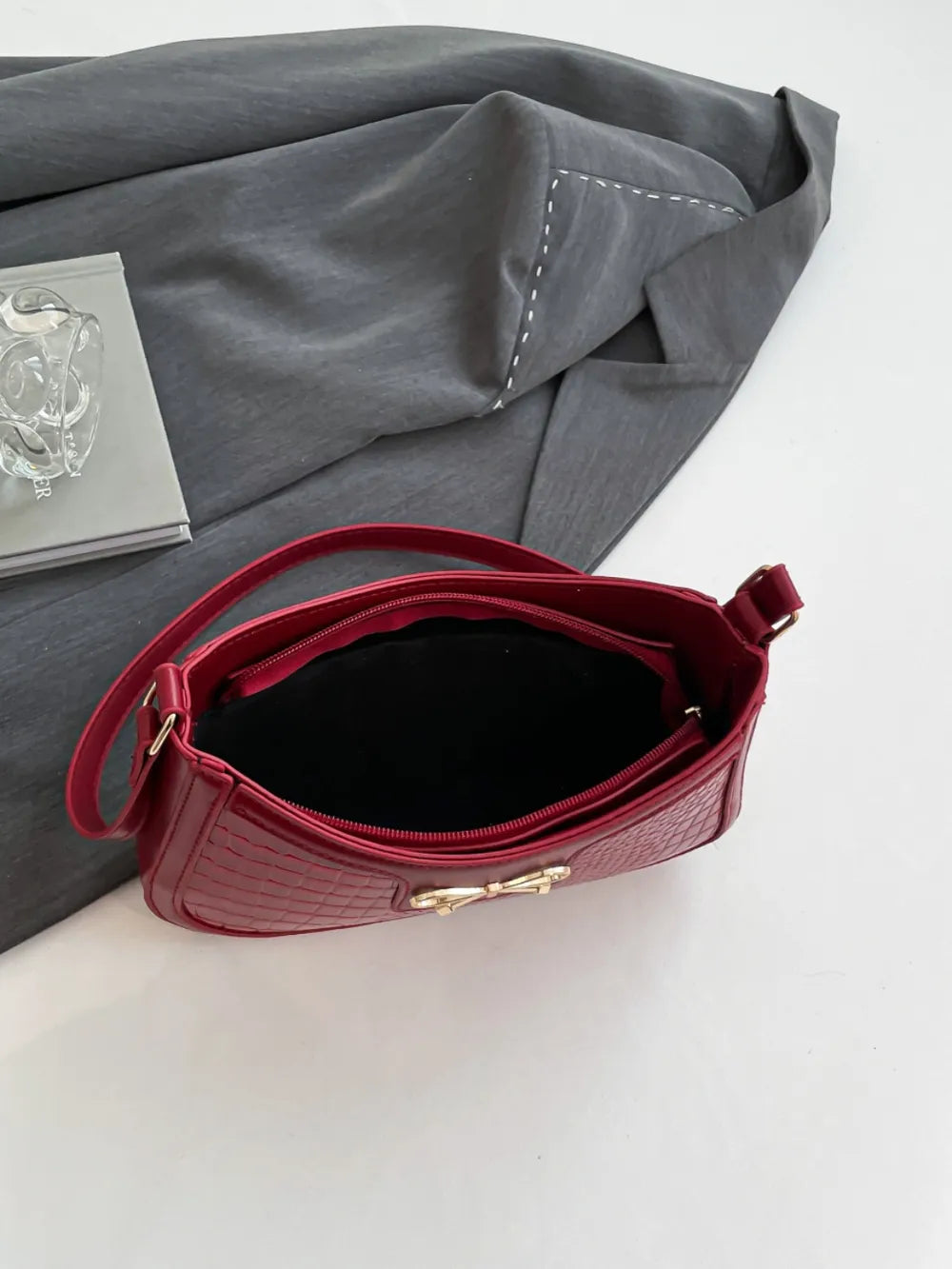 Crocodile Pattern Shoulder Bag with Bow Detail Easy Apparels