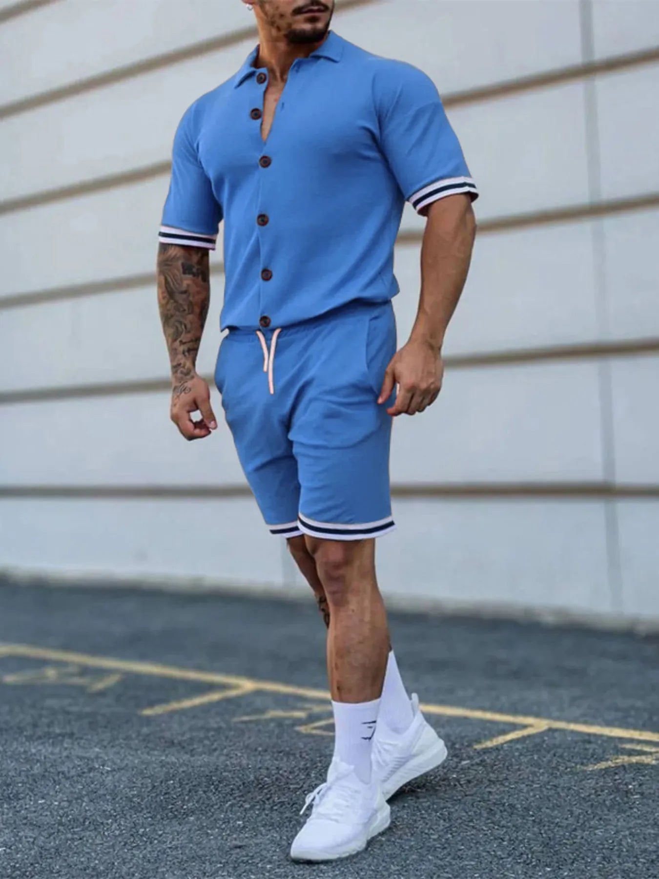 Men's Full Size Striped Hem Button Up Top and Shorts Set Plus Size Light Blue Easy Apparels