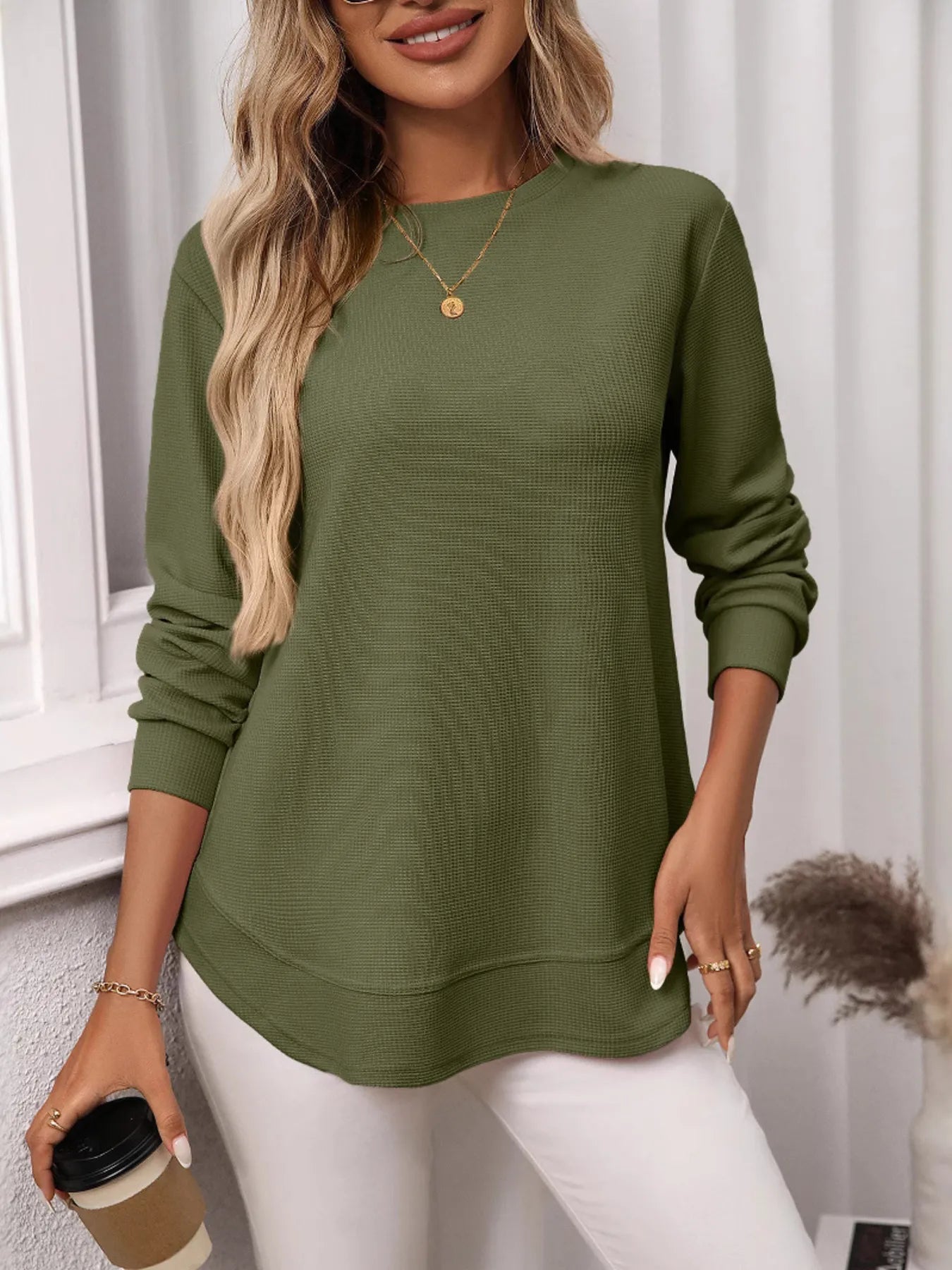 Trendsi Long Sleeve Round Neck T-Shirt Army Green