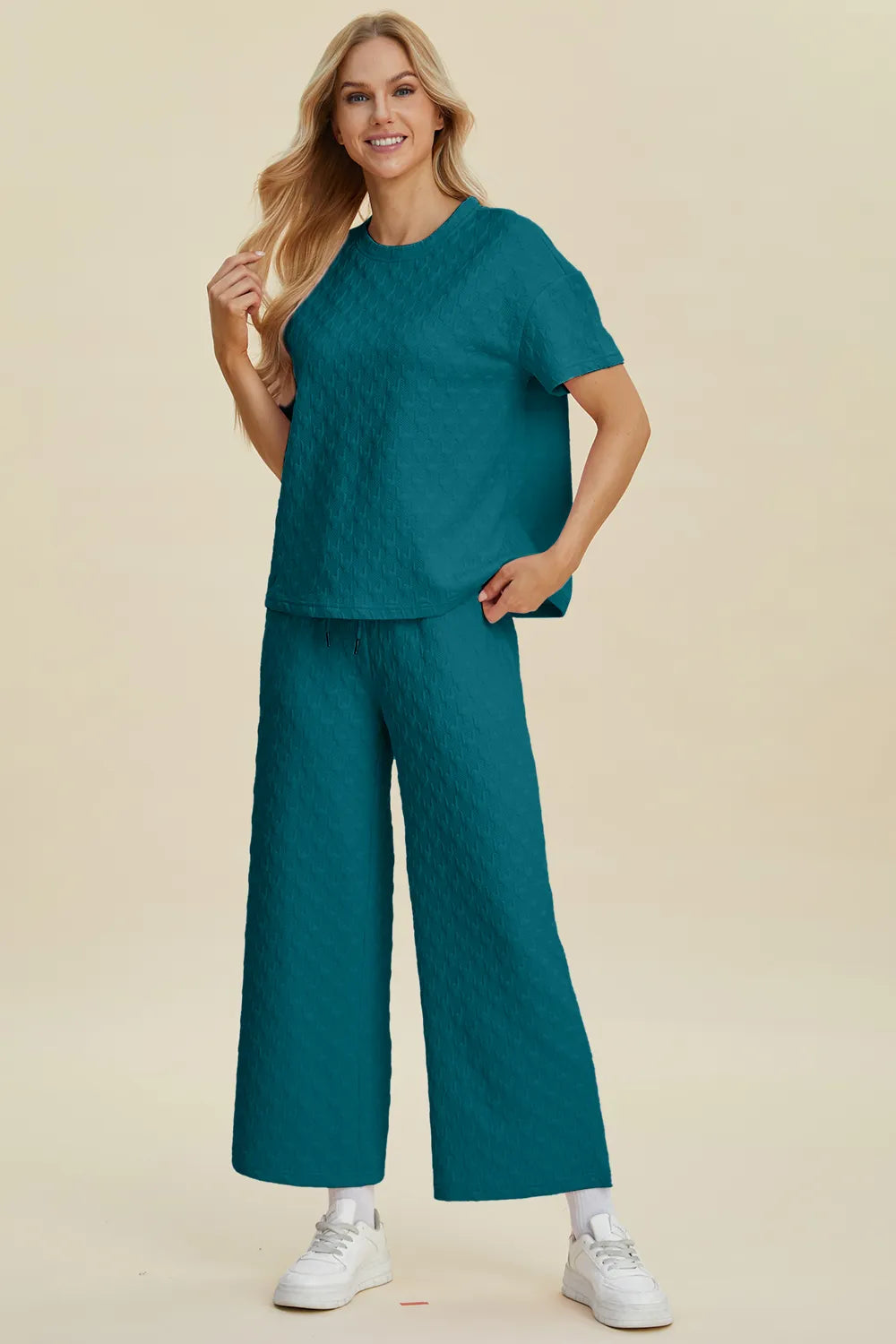 Double Take Full Size Texture Round Neck Short Sleeve Top and Pants Set Easy Apparels