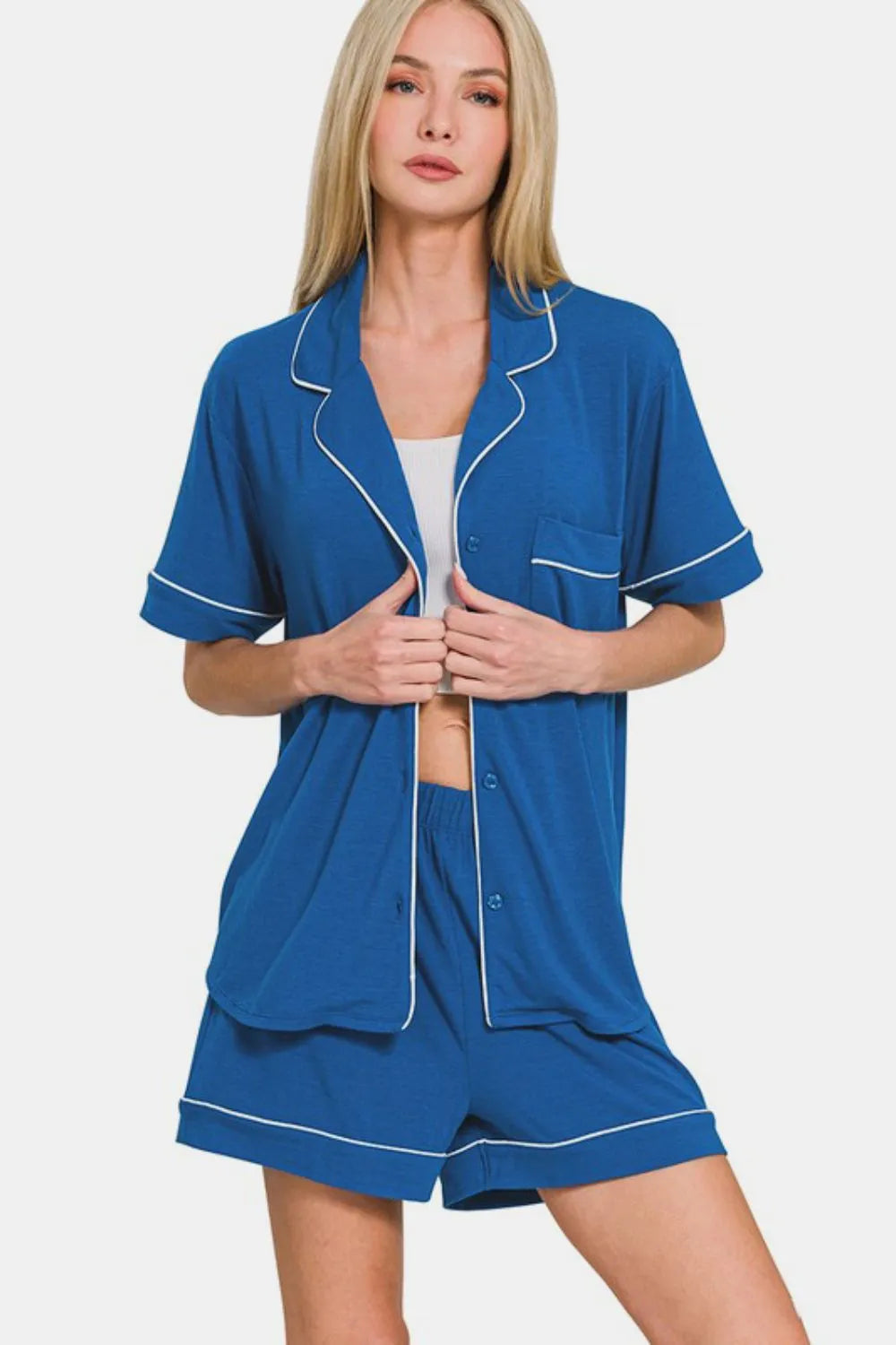 Zenana Button Down Short Sleeve Top and Shorts Lounge Set Easy Apparels