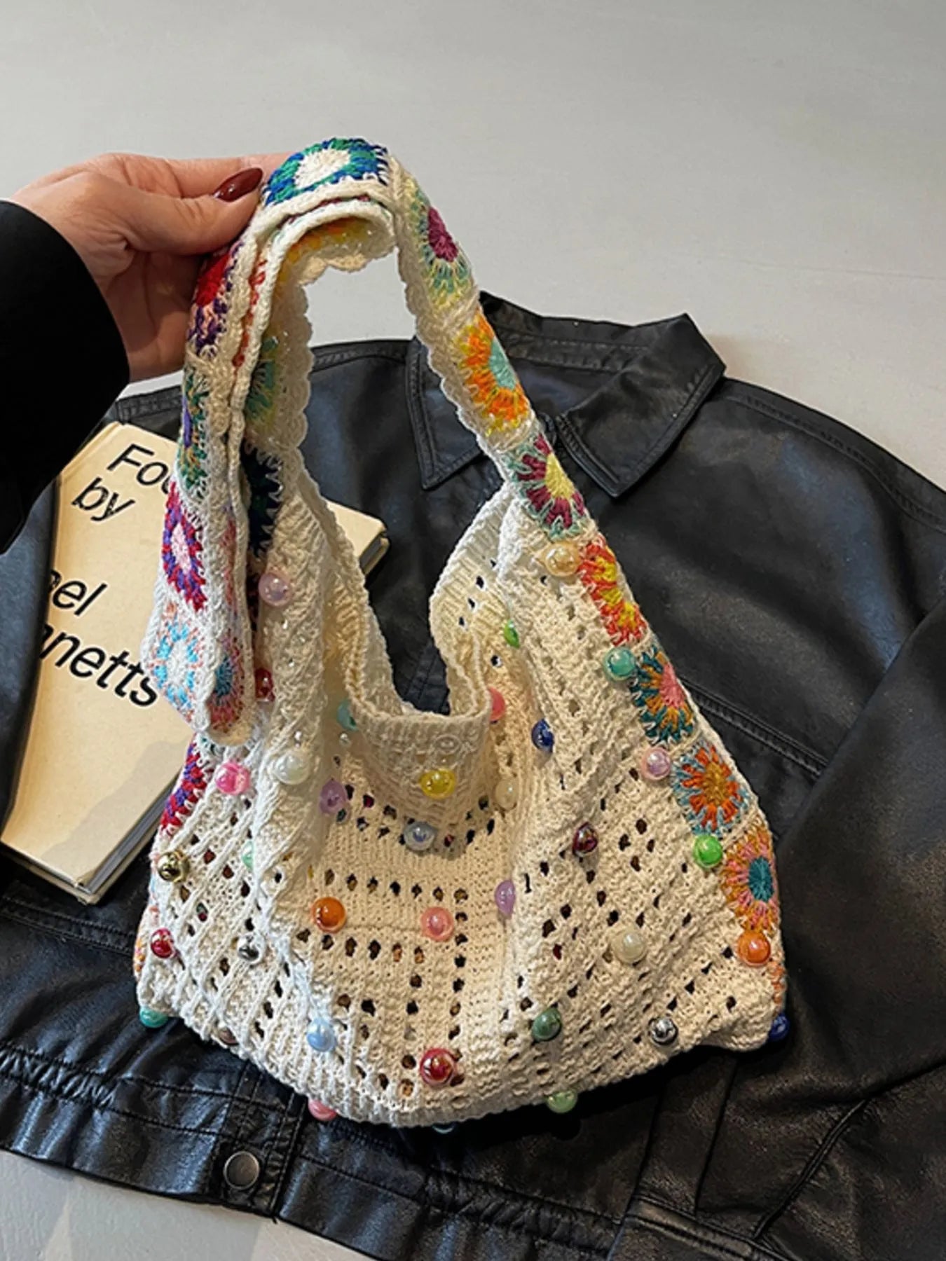 Colorful Beaded Crochet Shoulder Bag Beige onesize Easy Apparels