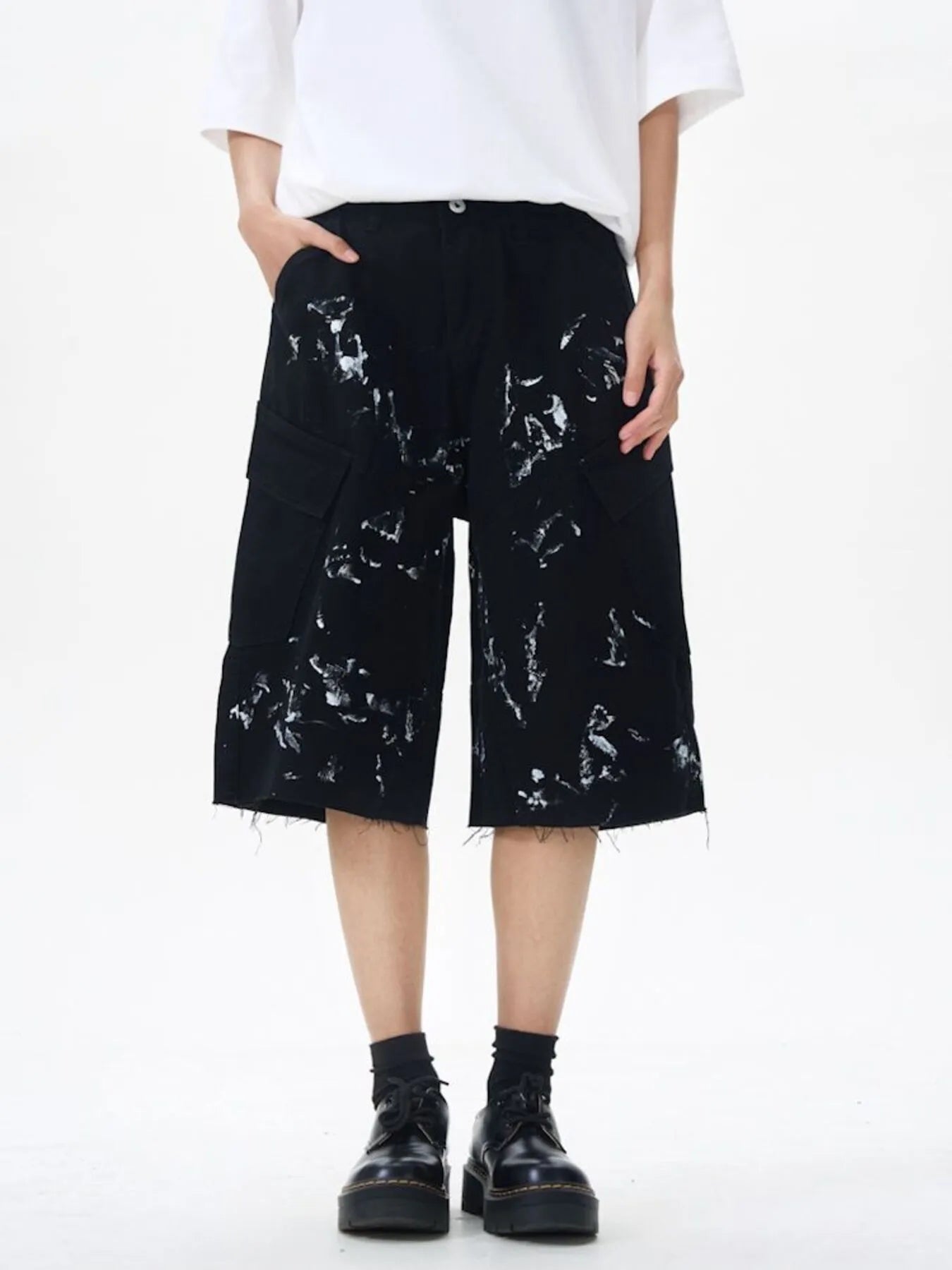 Men's Paint Splattered Cargo Bermuda Shorts with Distressed Edge Detail Black Easy Apparels