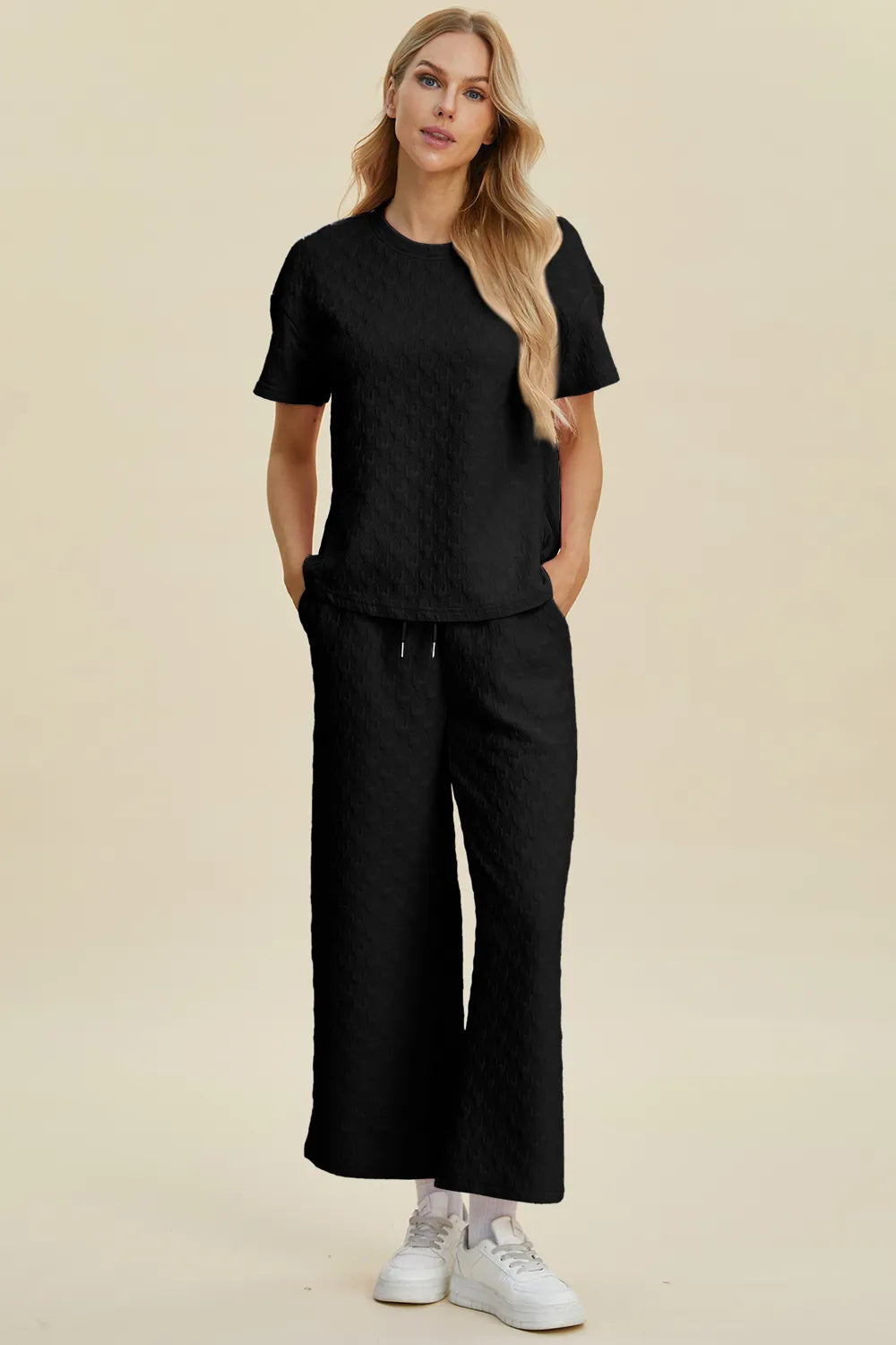 Double Take Full Size Texture Round Neck Short Sleeve Top and Pants Set Black Easy Apparels
