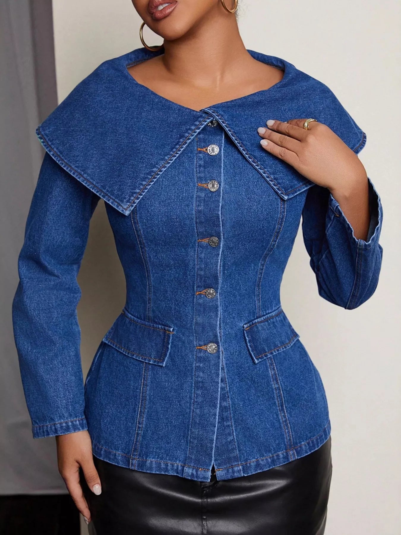 Button-Front Long Sleeve Denim Top Easy Apparels