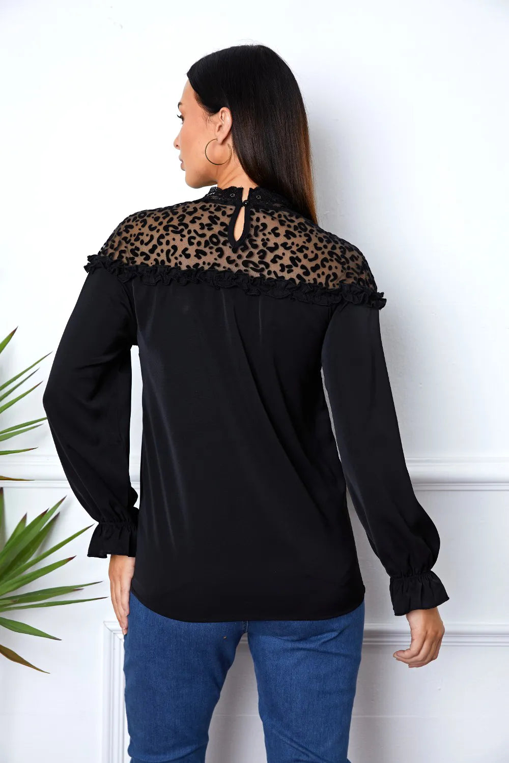 Trendsi Leopard Frill Flounce Sleeve Blouse