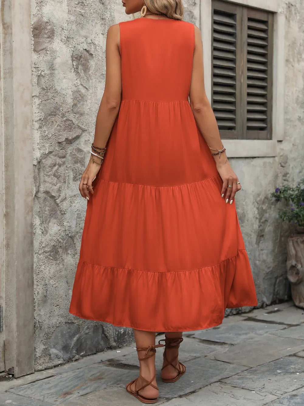 Ivy Lane Decorative Button Notched Sleeveless Dress Easy Apparels