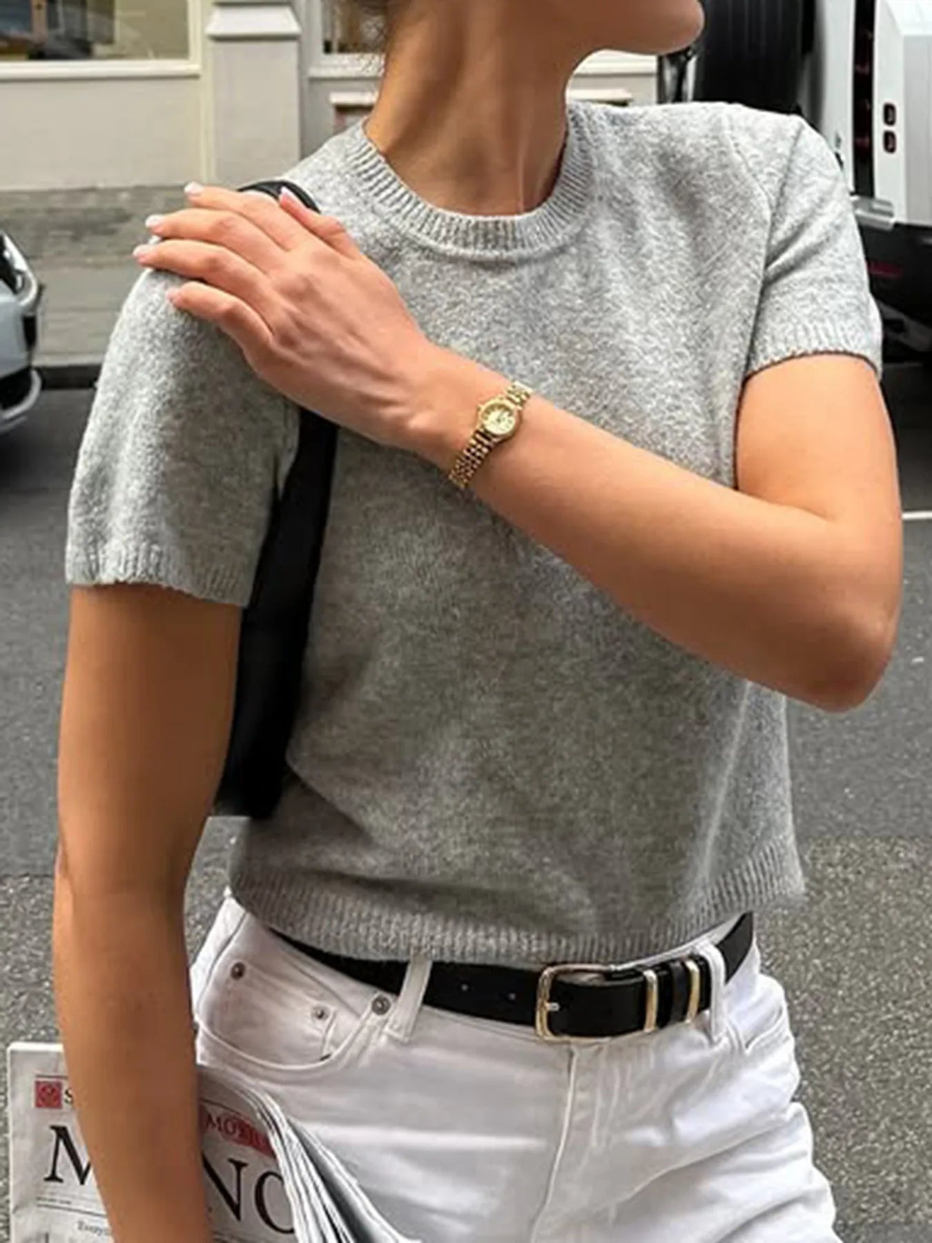 Trendsi Round Neck Short Sleeve Sweater Dark Gray