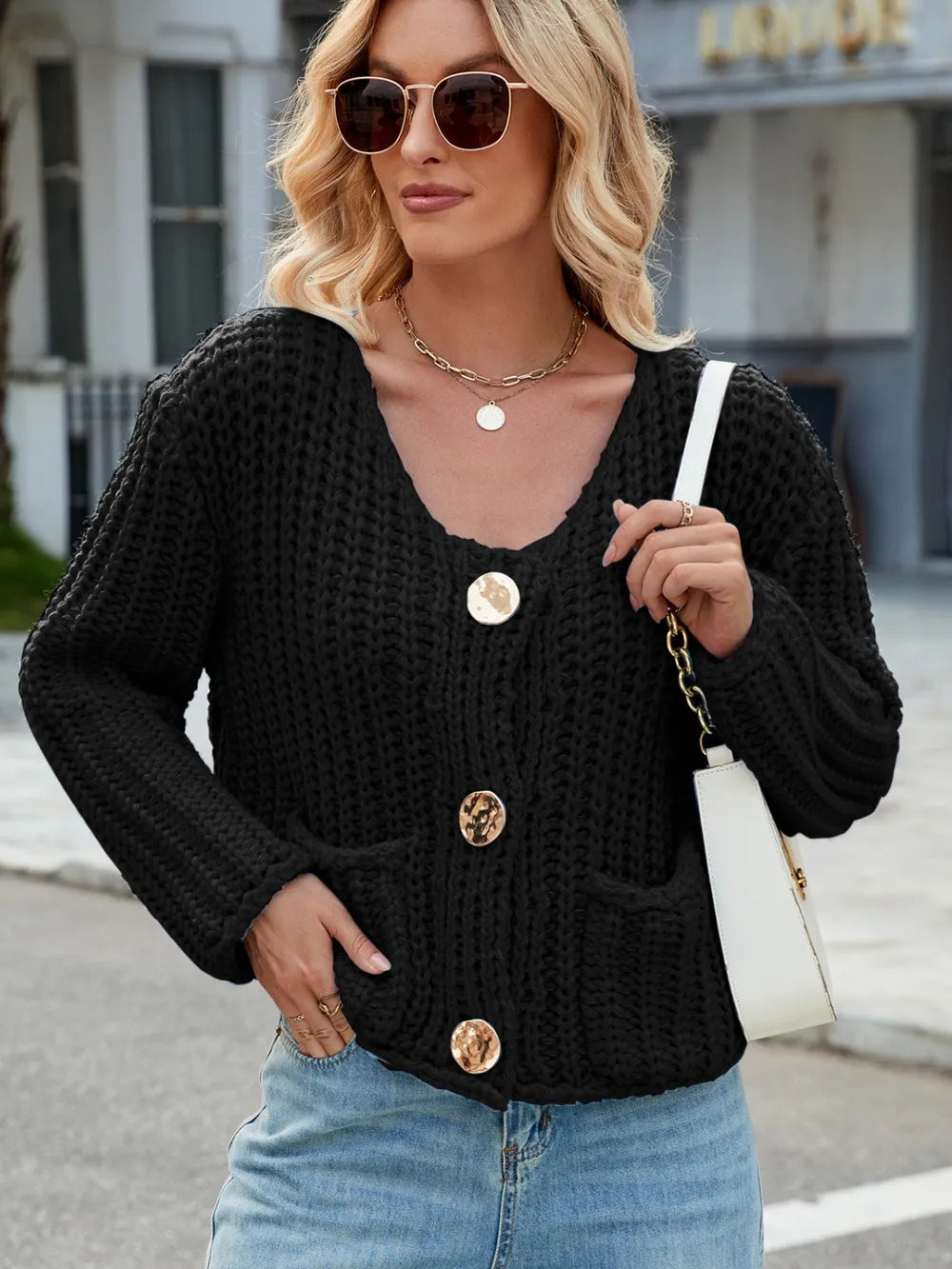 Round Neck Button Up Cardigan with Pockets Easy Apparels