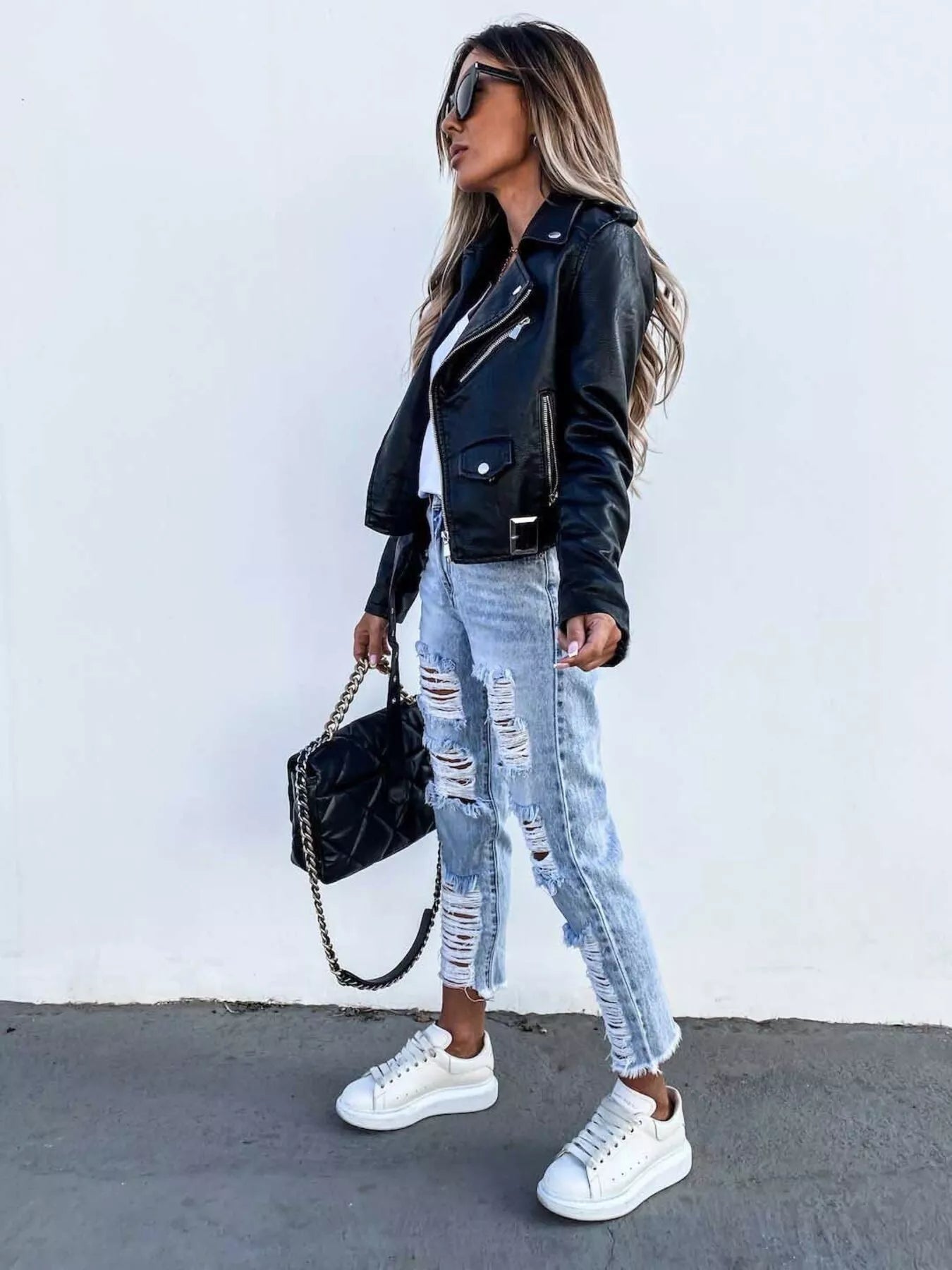 Full Size Zip Up Leather Motorcycle Biker Jacket Plus Size Easy Apparels