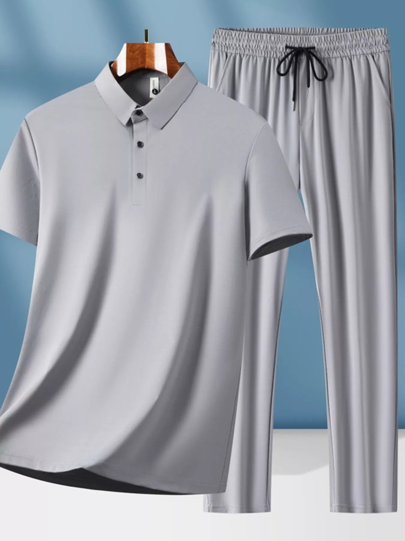 Men's Plus Size Button Detail Short Sleeve Top and Pants Set Gray Easy Apparels