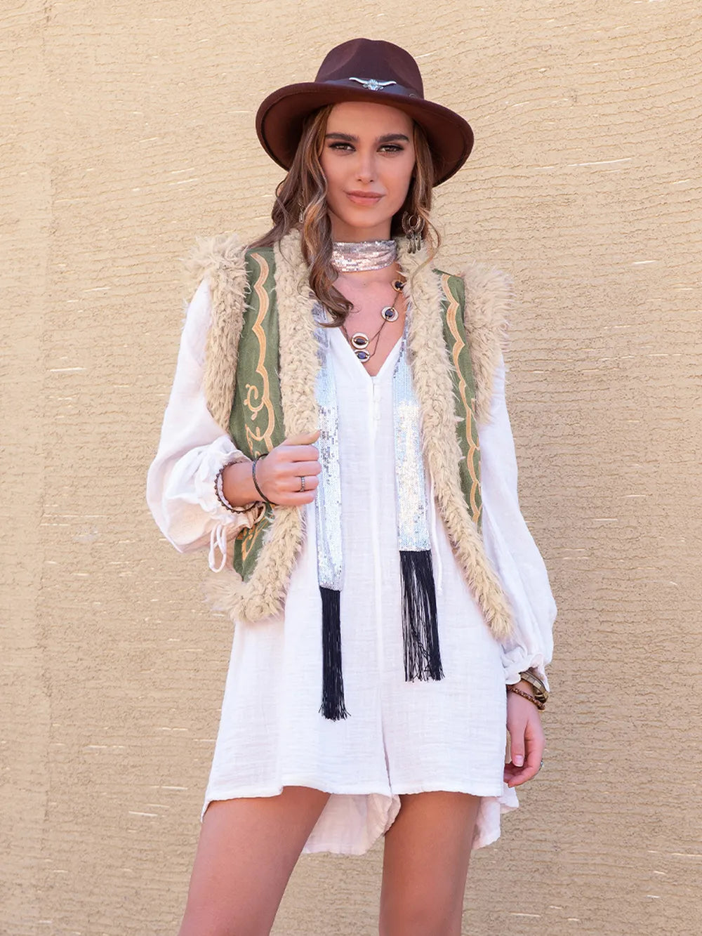 Fuzzy Trim Open Front Vest Coat Easy Apparels