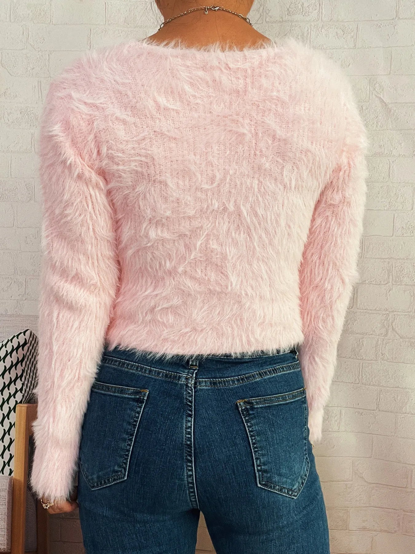 Fuzzy Heart Shape Button-Up Cardigan Easy Apparels