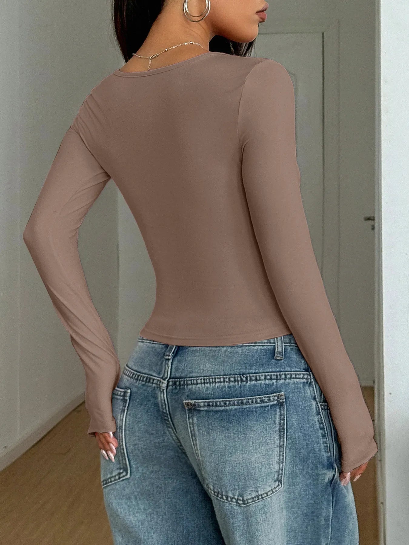 Trendsi Square Neck Long Sleeve Fitted T-Shirt