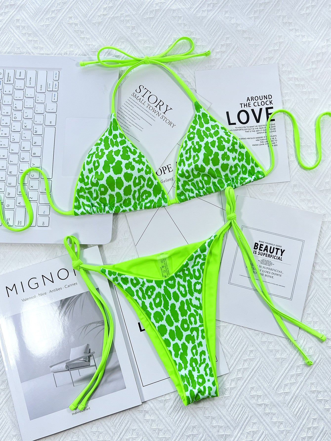 Leopard Print Halter Neck Tie Side Bikini Set Easy Apparels