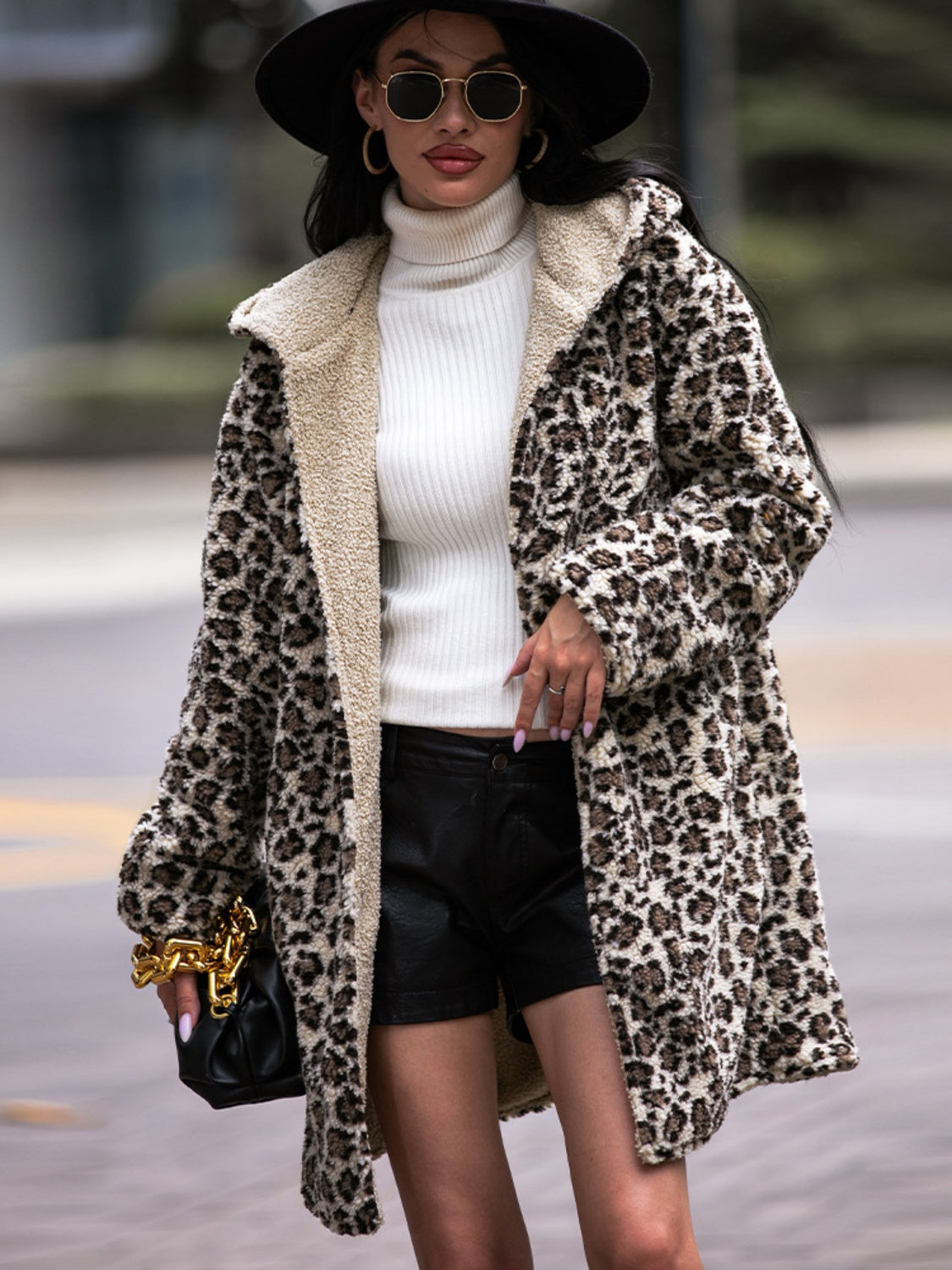 Shiny Leopard Print Hooded Teddy Coat Easy Apparels