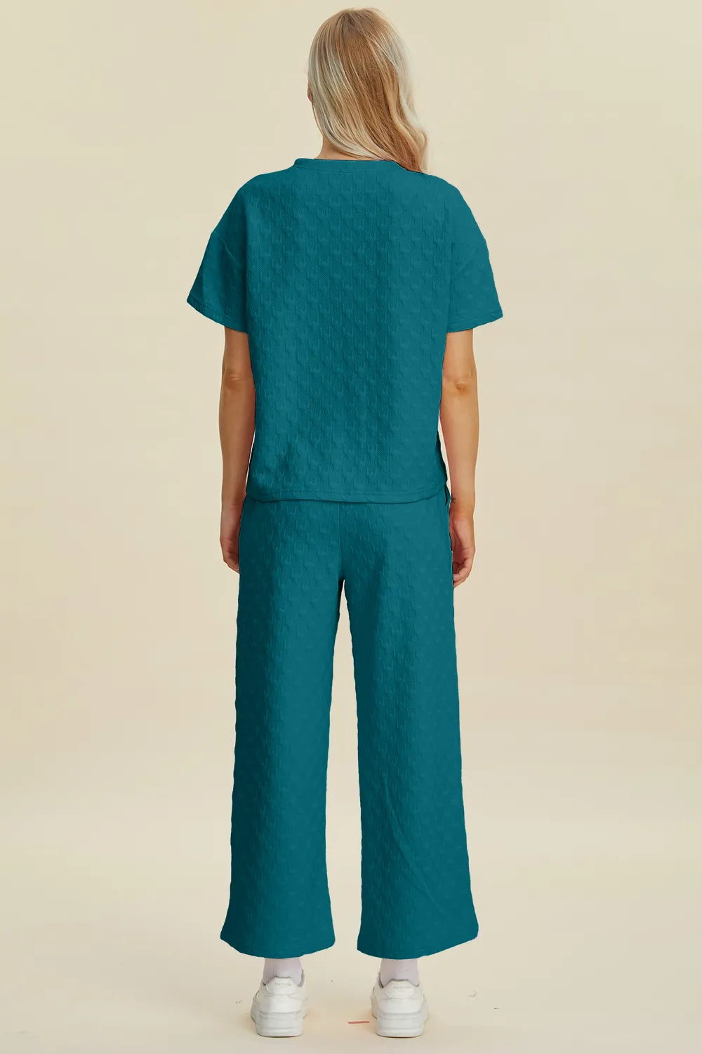 Double Take Full Size Texture Round Neck Short Sleeve Top and Pants Set Easy Apparels