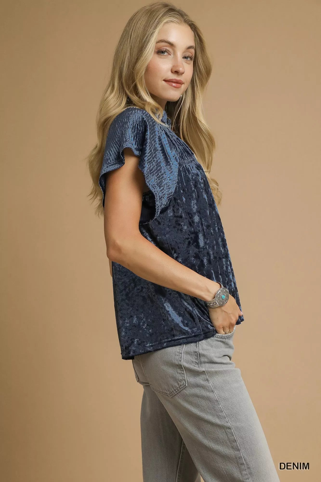Umgee Crushed Velvet Pleated Blouse Easy Apparels