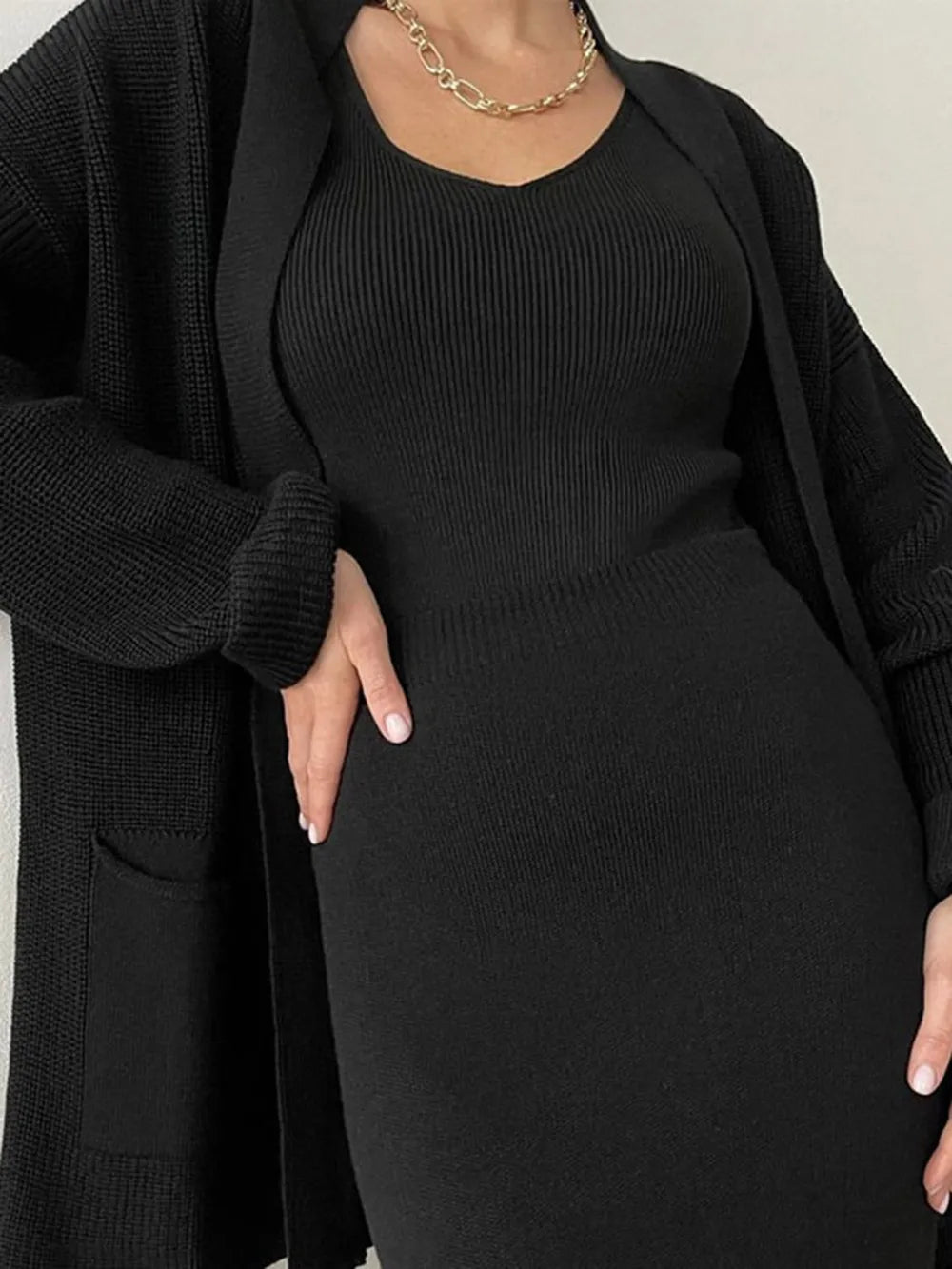 Pocketed Long Sleeve Cardigan and Skirt Sweater Set Easy Apparels