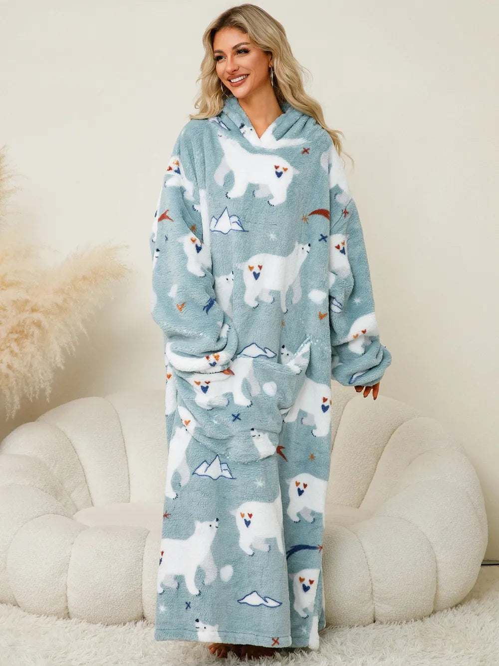 Fuzzy Pocketed Long Sleeve Hooded Lounge Dress Easy Apparels