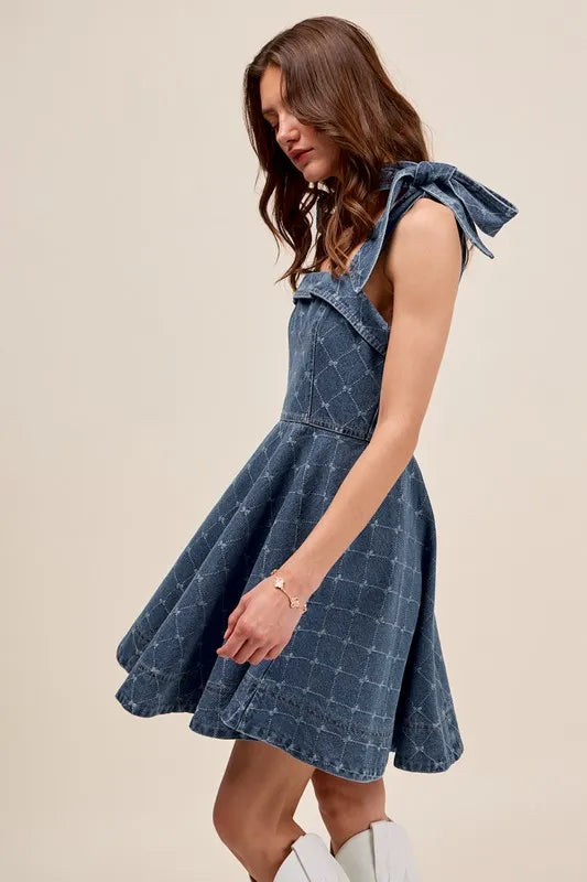SO ME A Line Fit and Flare Diamond Bow Ribbon Denim Dres Easy Apparels