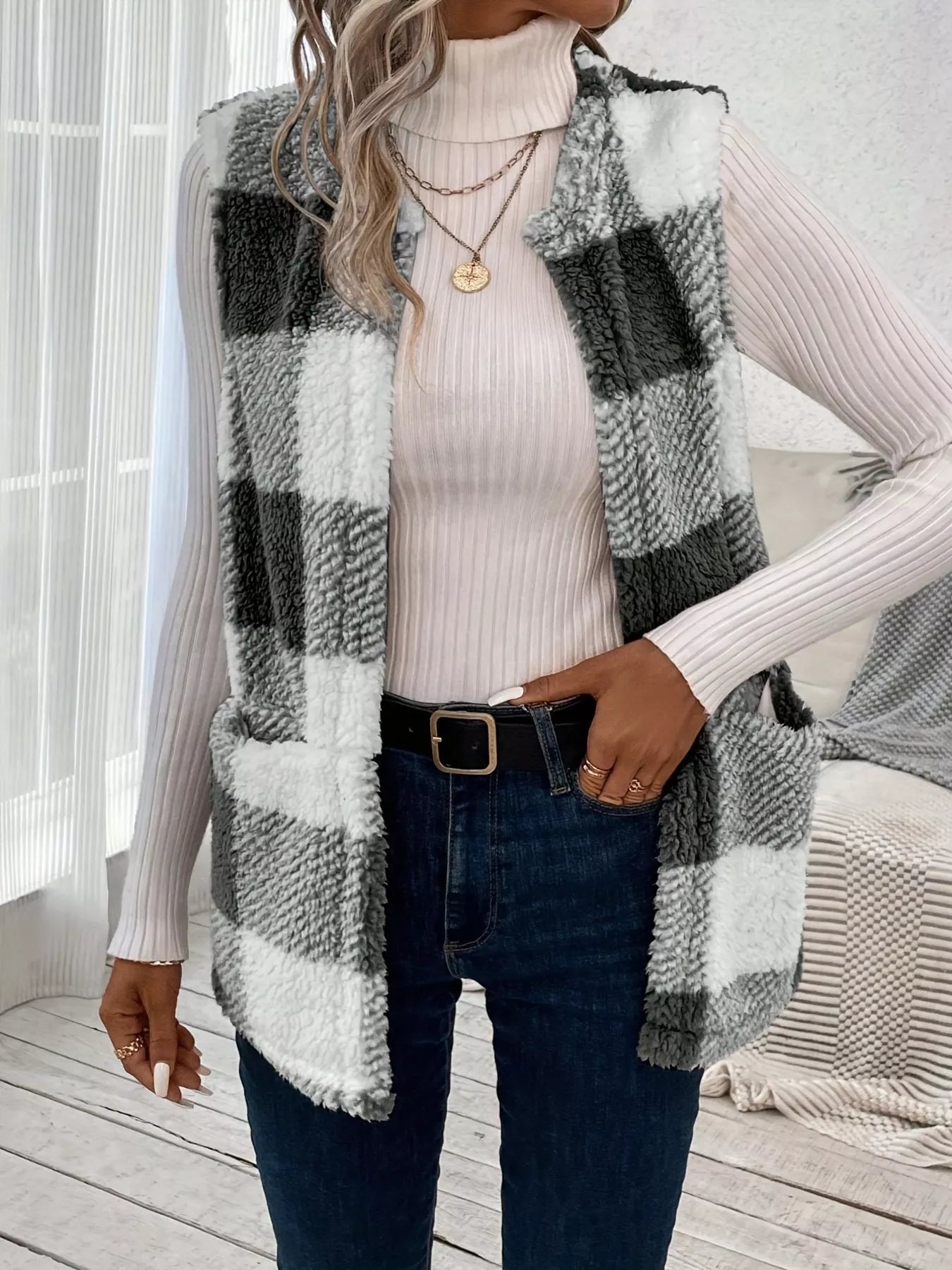 Plaid Sherpa Vest Coat with Pockets Easy Apparels